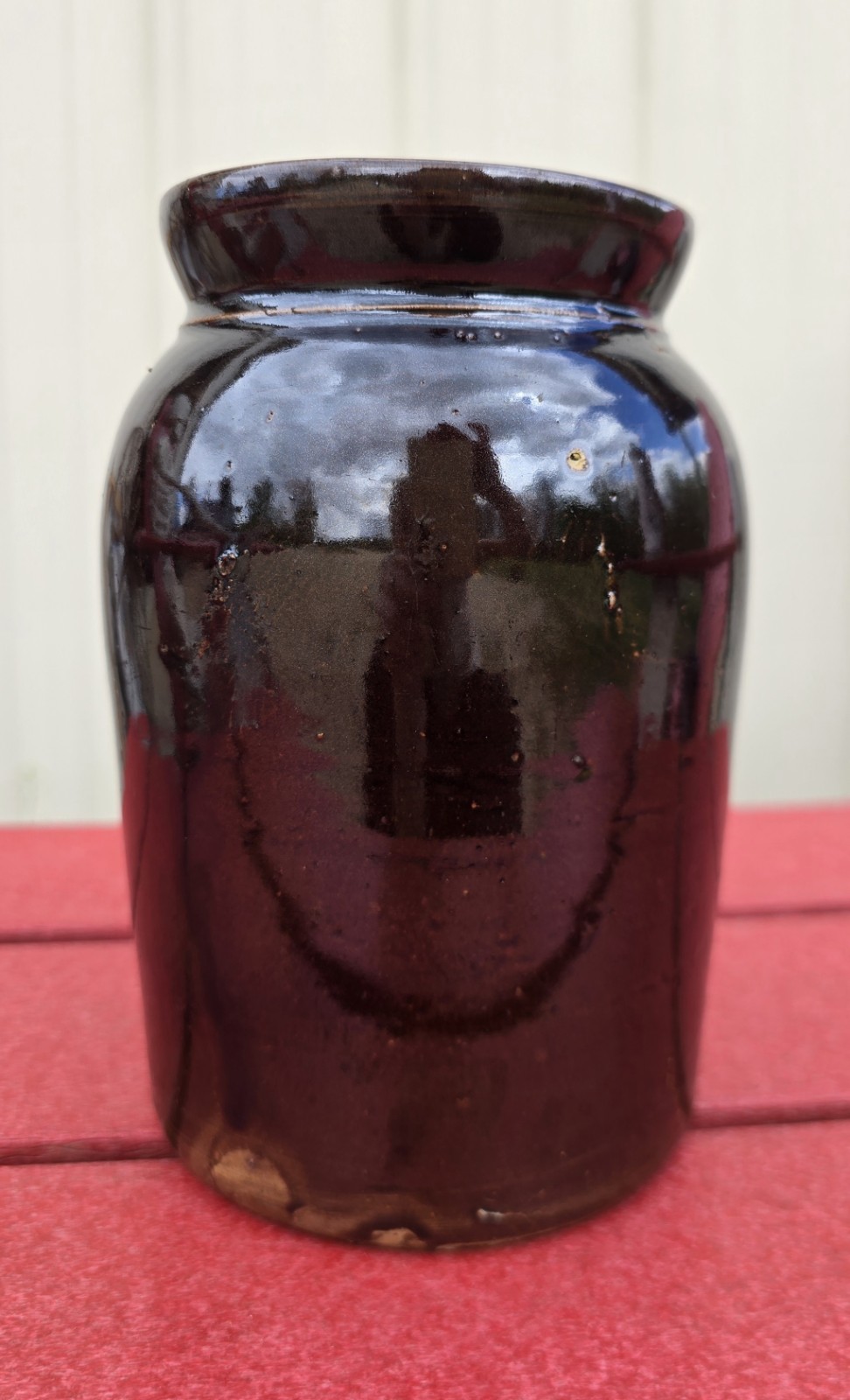 19th Century Vintage Albany-Slip glazed stoneware dark brown canning jar 6.5″