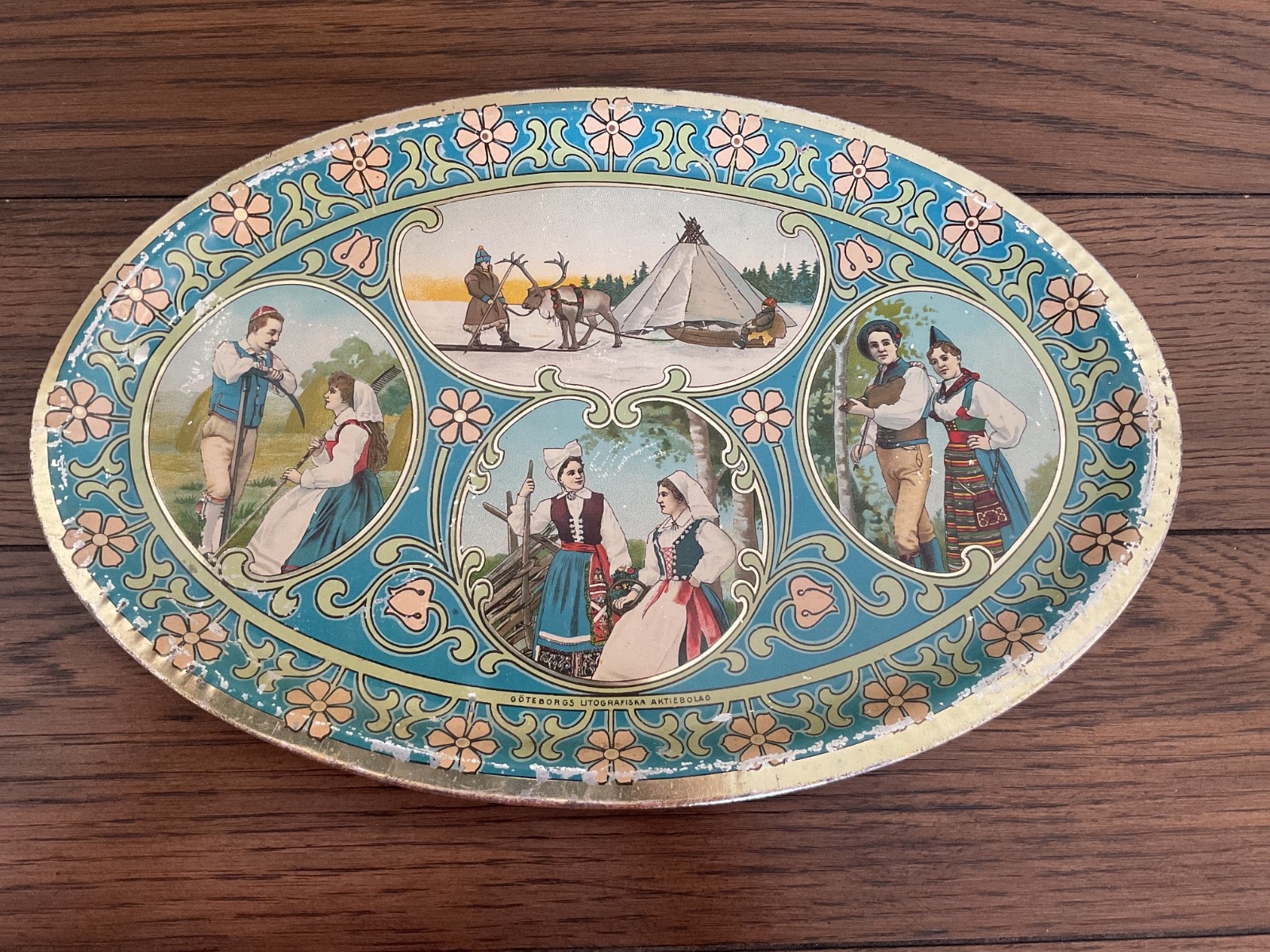 Swedish Tin Serving Tray , C. 1900, Nice Graphics, 13 1/2” L, Goteborgs Litho