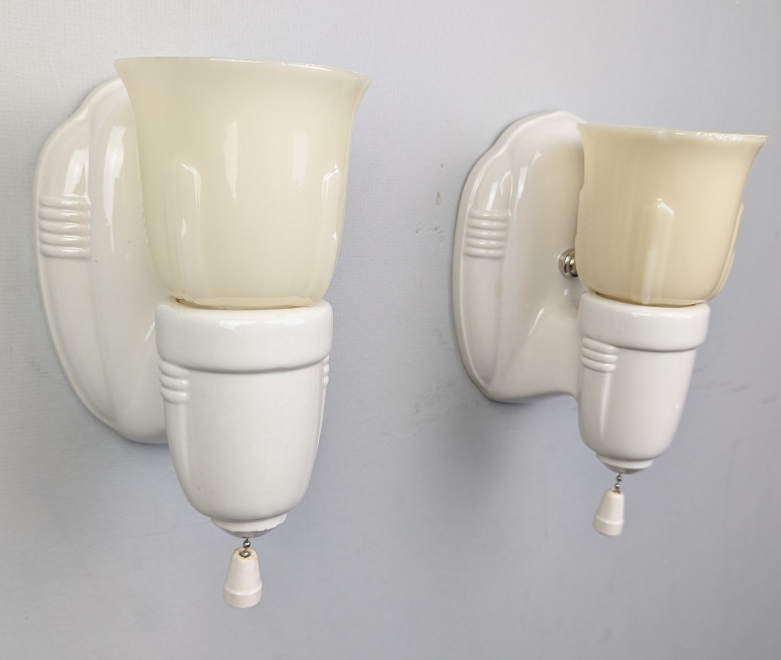 Restored Pair Porcelier Art Deco-MCM Porcelain Sconces & Custard Glass Shades