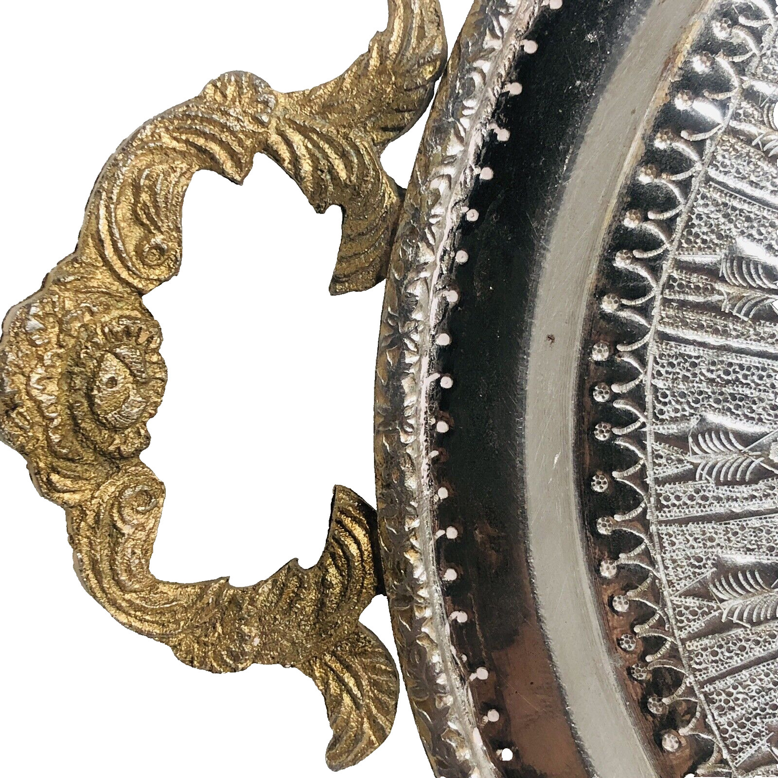 Vintage Moroccan Hand-Chased Engraved Soldiers Oval Silver Bronze Tray 16″