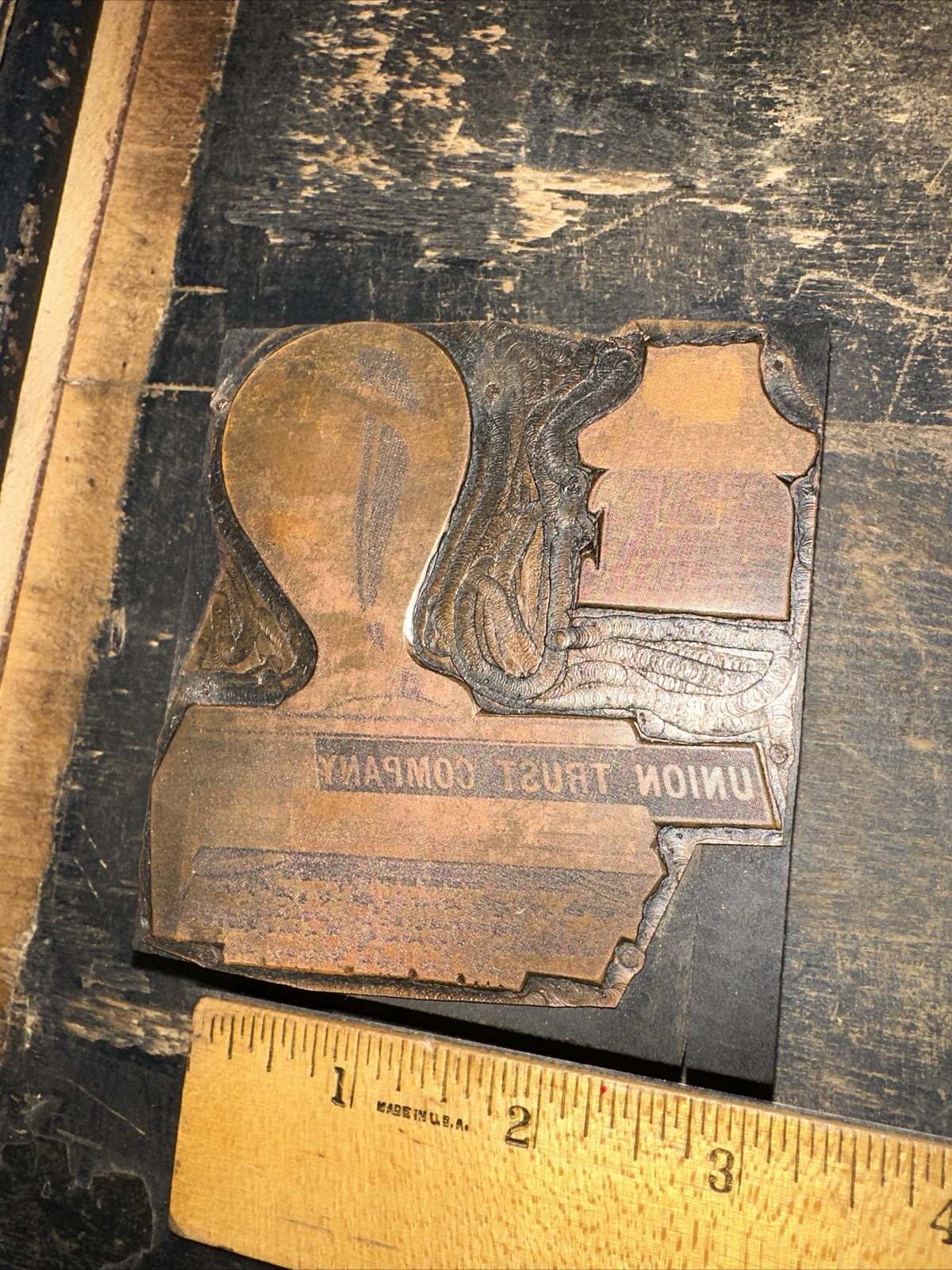 Printing Block “ Rubber Stamp Image “ Copper on Wood. Nice Details