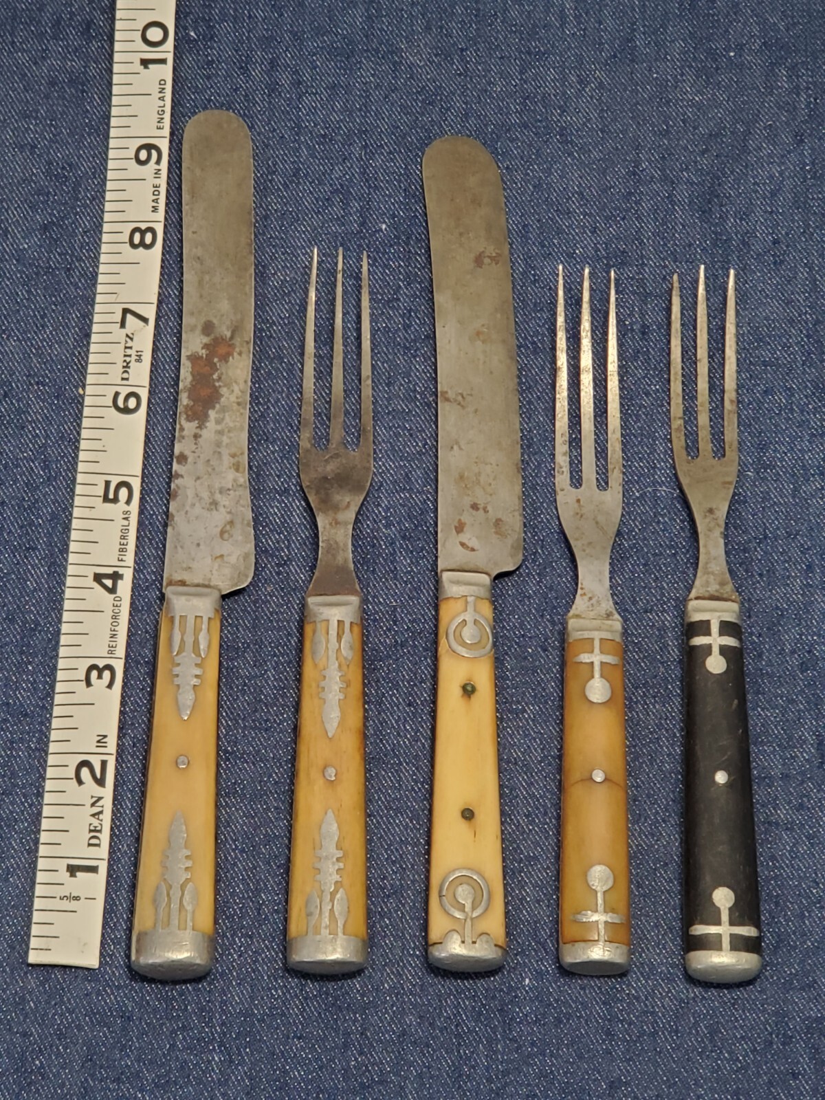 5 Pieces Antique Civil War Era Flatware 2 Knives & 3, 3 Tine Forks Pewter Inlay