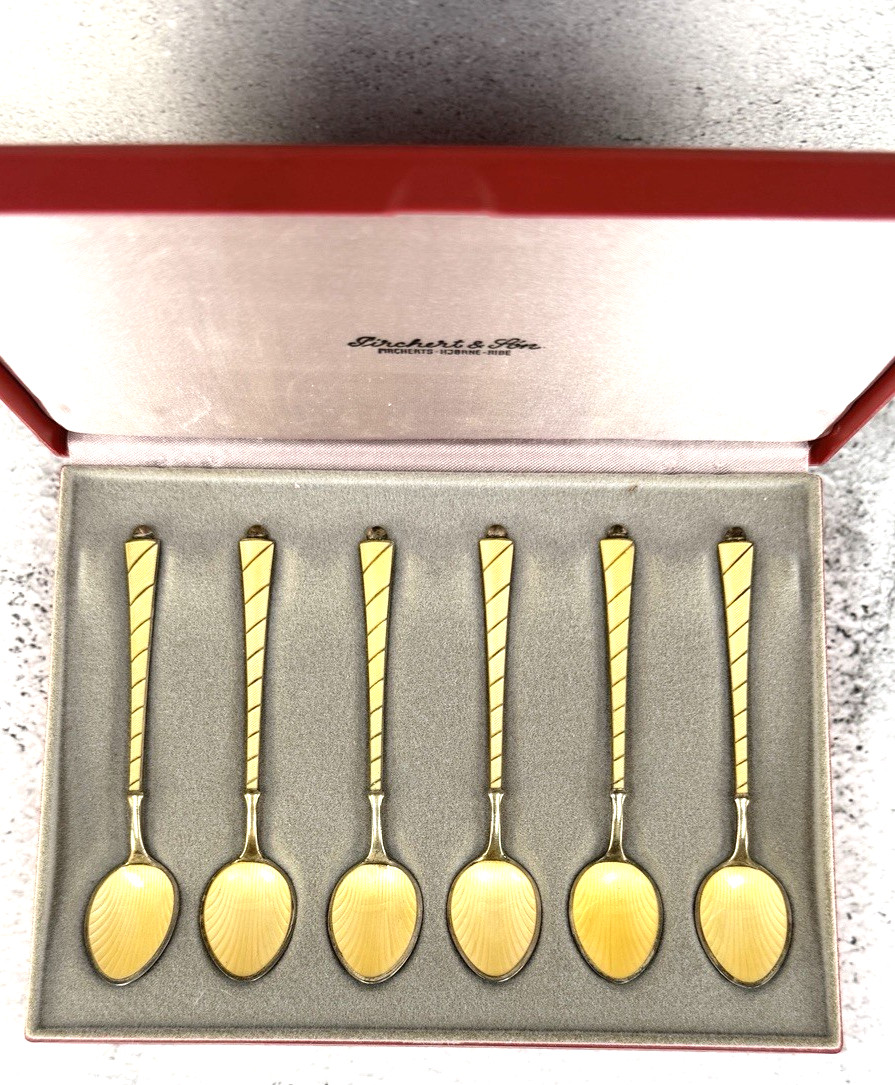ELA Denmark Set of 6 Guilloche Yellow Enameled Sterling Silver Demitasse Spoons