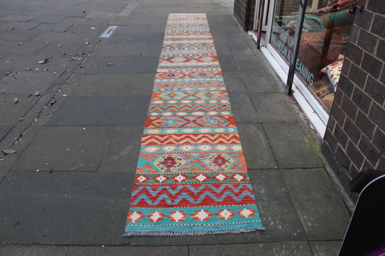 Traditional Hand Made Oriental Green Wool Narrow Long Kilim Stair Runner 560×75