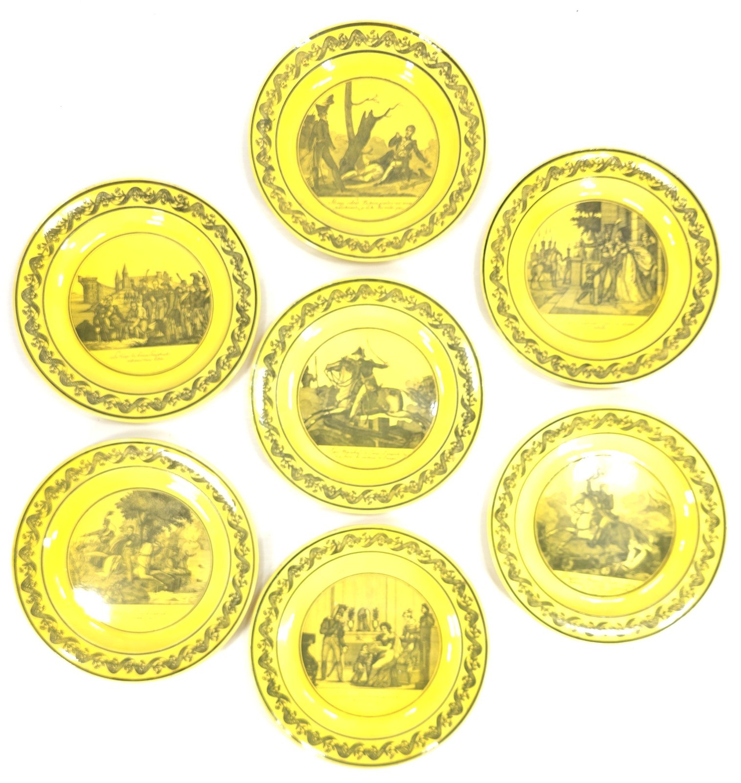 Antique Historical Set of 7 c. 1810 Napoleonic Creil Canary Yellow “P&H” Plates