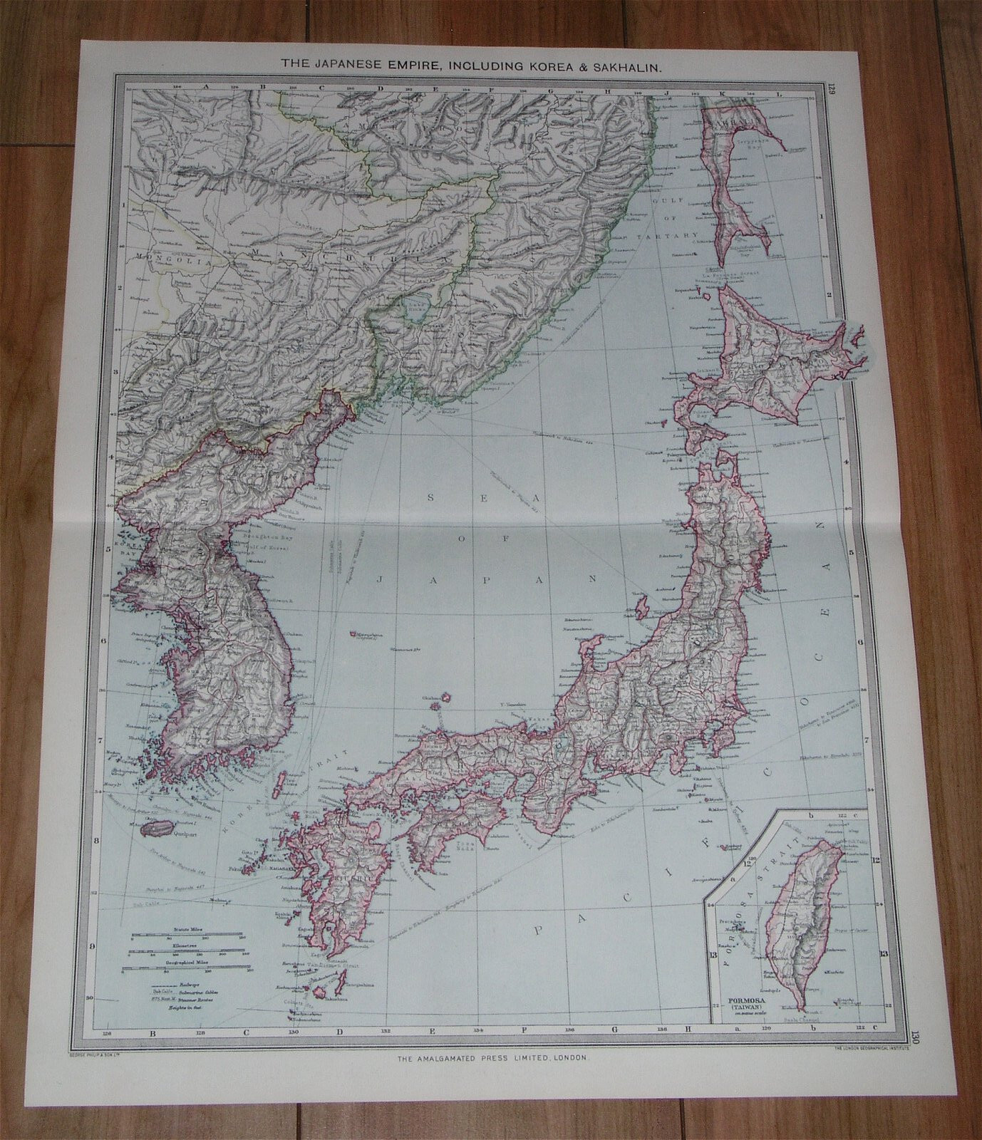 1908 ANTIQUE MAP OF JAPAN JAPANESE EMPIRE / KOREA / RUSSIA / TAIWAN INSET MAP