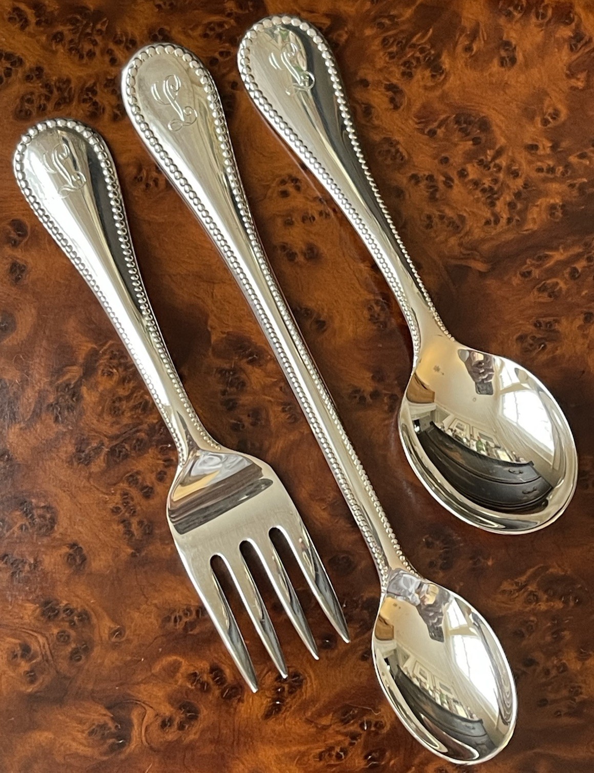 Trio Heavy Reed & Barton Classic Bead Sterling Silver Baby Fork Spoons Mono L
