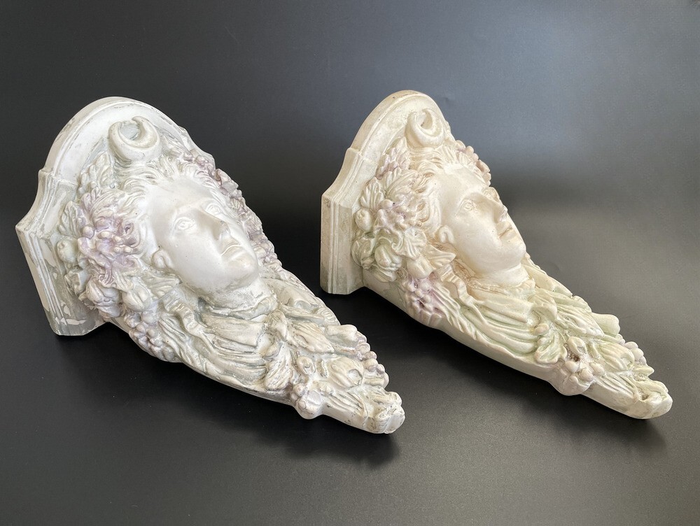 Pair Vintage Italian Neoclassical Maiden Plaster Corbels Wall Shelf Brackets