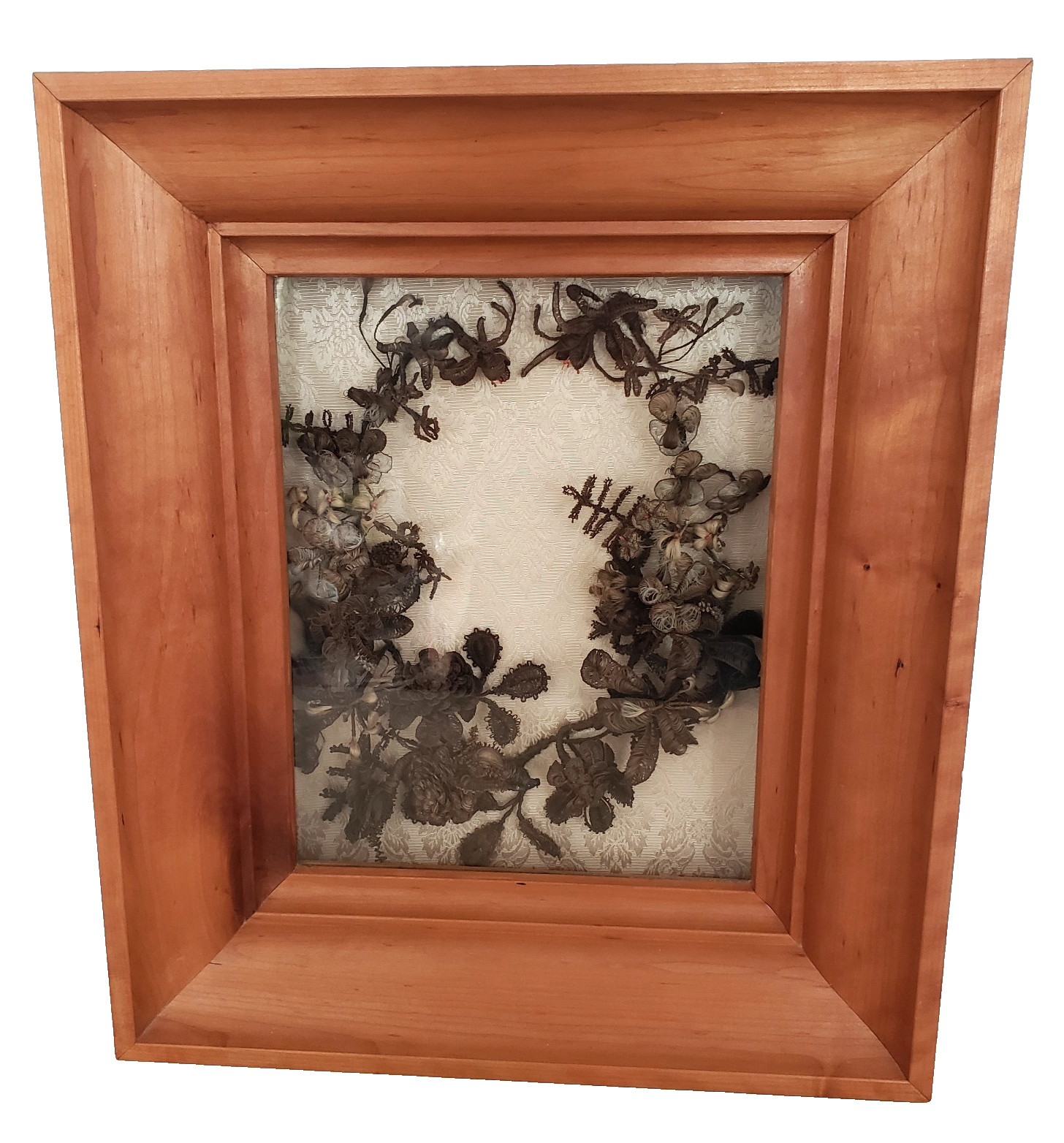 Antique Victorian Mourning Hair Wreath Red Beads Custom Wood Glass Frame