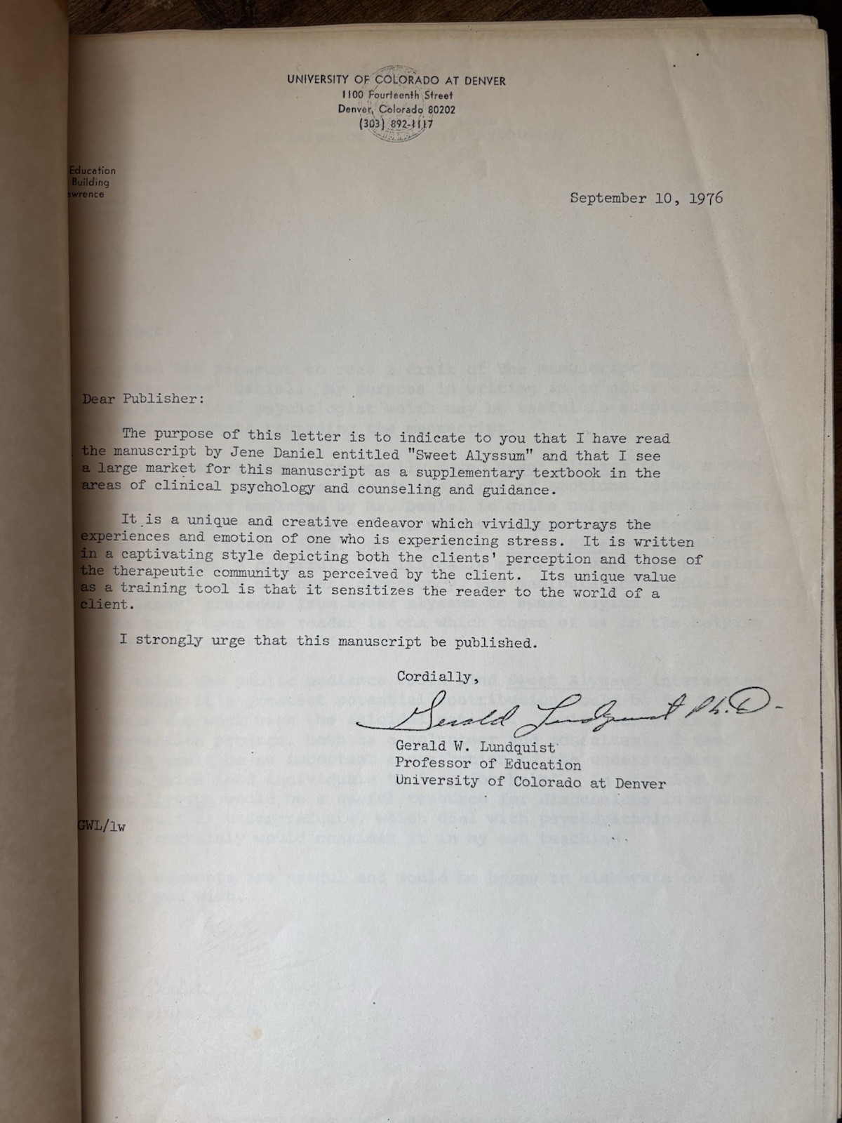 1976 Unpublished Typescript Manuscript “Sweet Alyssum” Jene Daniel Psychology