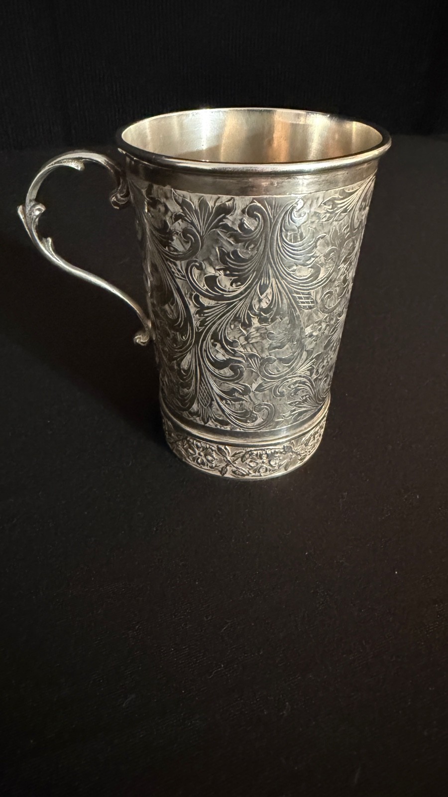Superb Antique 800 Fine SIlver Mug Hand Engraved Overall Decoration