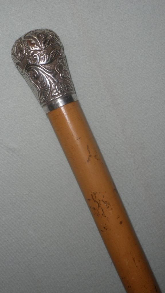 Antique Detailed Silver Floral Top Malacca Cane Walking Stick – 80.5cm
