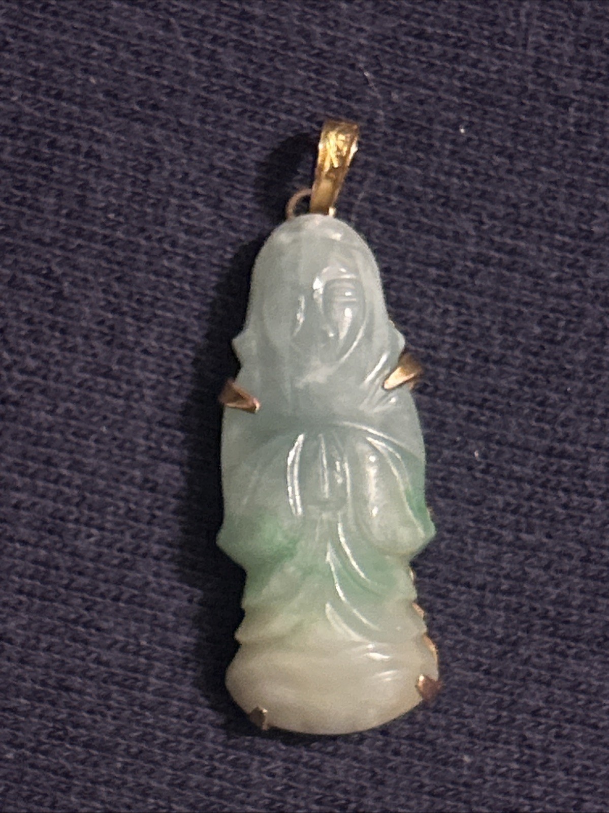 Antique Chinese 14k Gold Carved Koi Buddha Green Brown Jade Jadeite Pendant