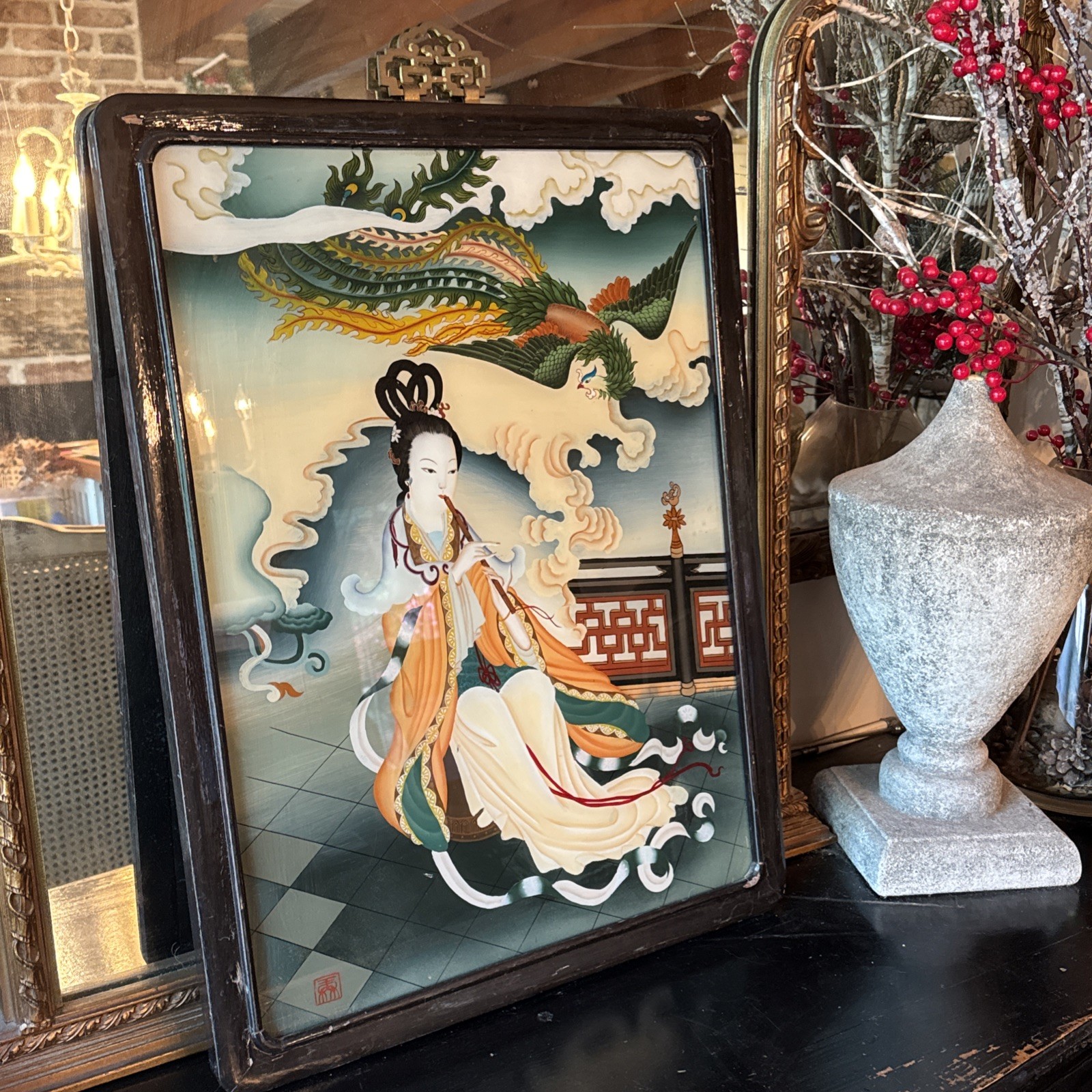 Vintage Chinese Reverse Glass Painting With Black Lacquer Frame