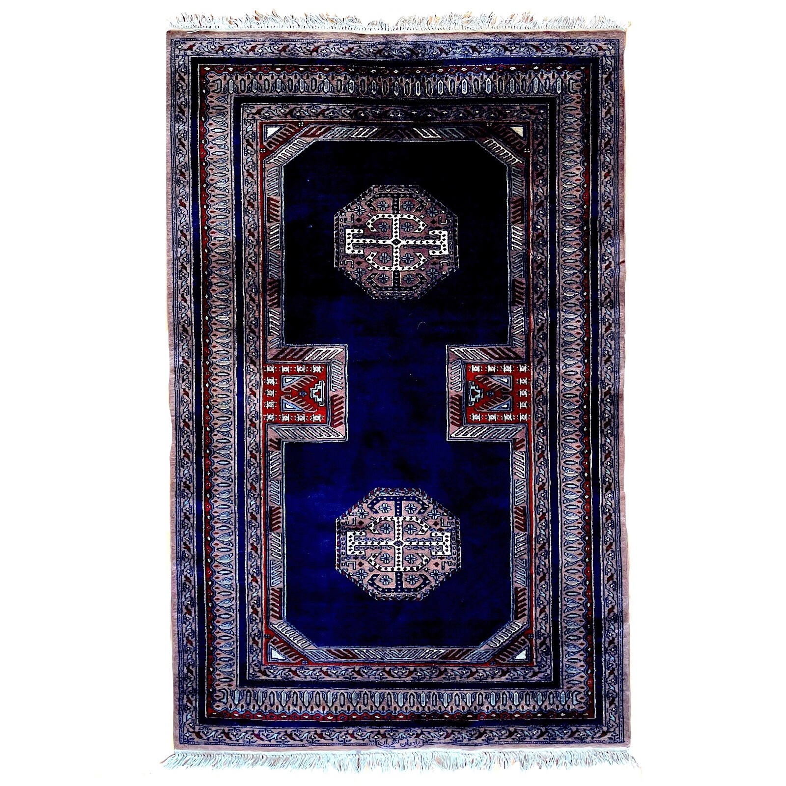 Vintage Pakistani Double Medallion Rug – Navy Blue Ground – 3.3″ x 5’1″