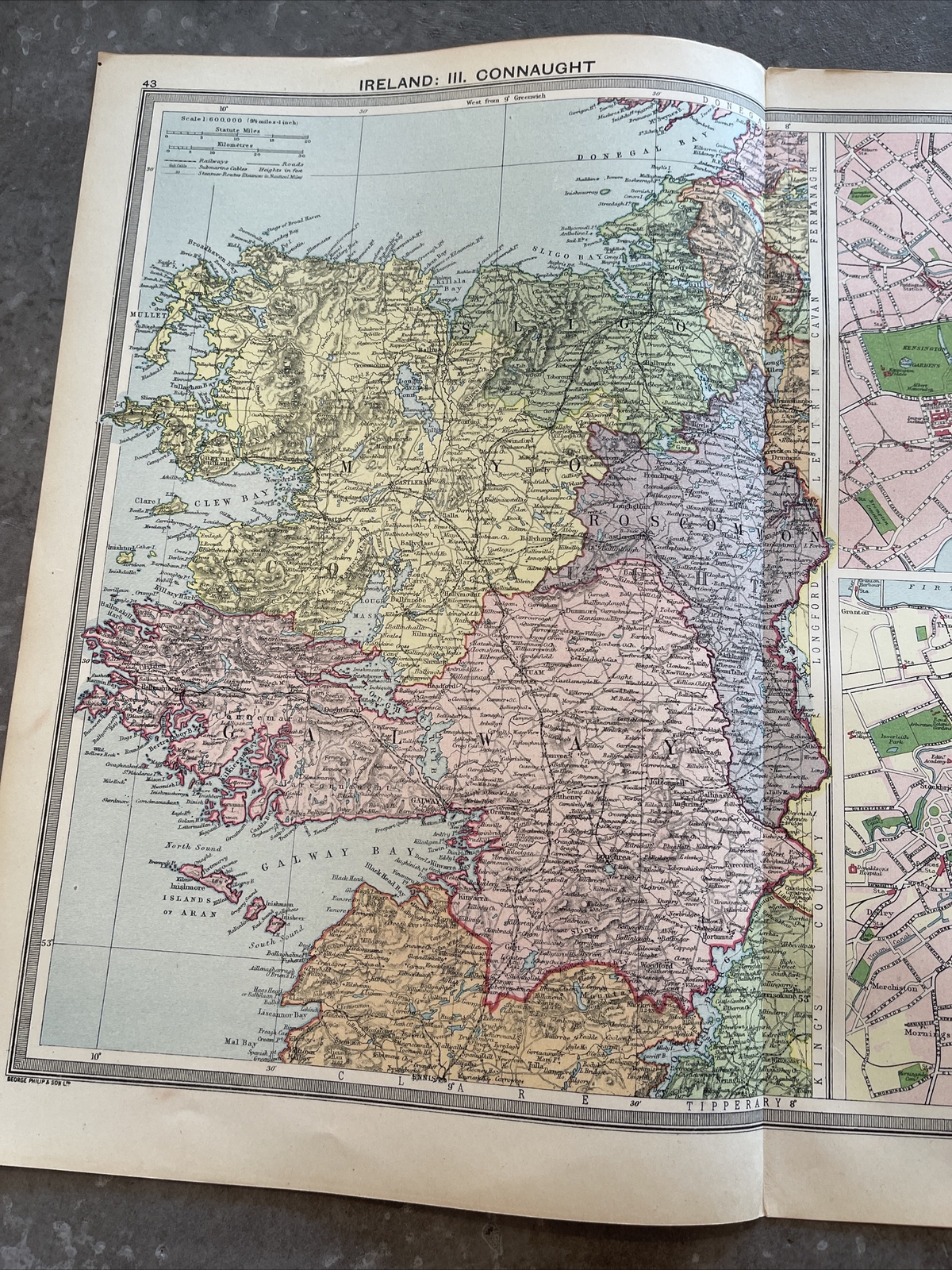 Vintage 1920 Ireland Map Connaught Galway London Edinburgh Dublin City Insets