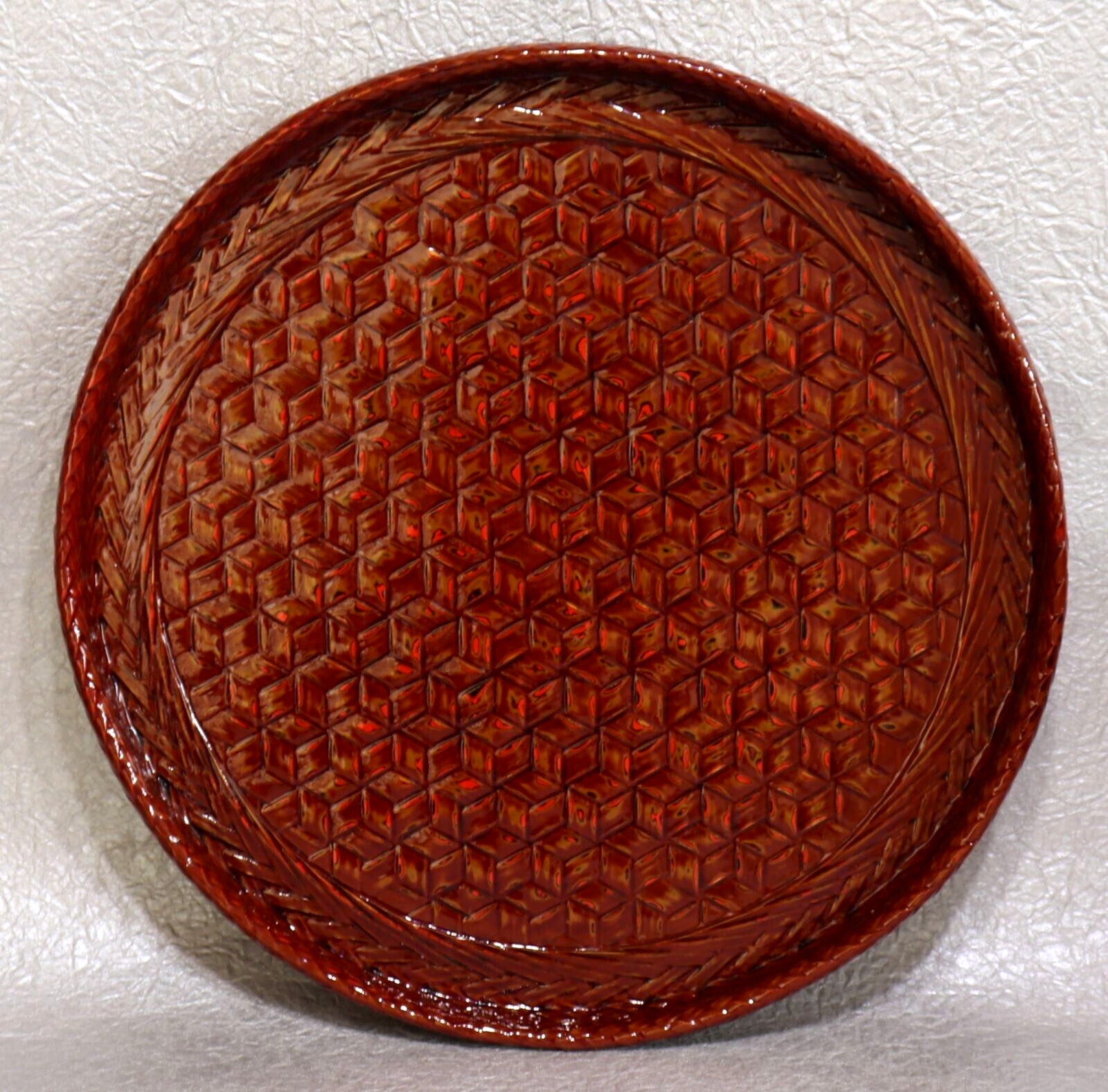 Japanese Vintage Bamboo Woven Tray Lacquer Round 33.5cm 13.2″ Rantai Shikki