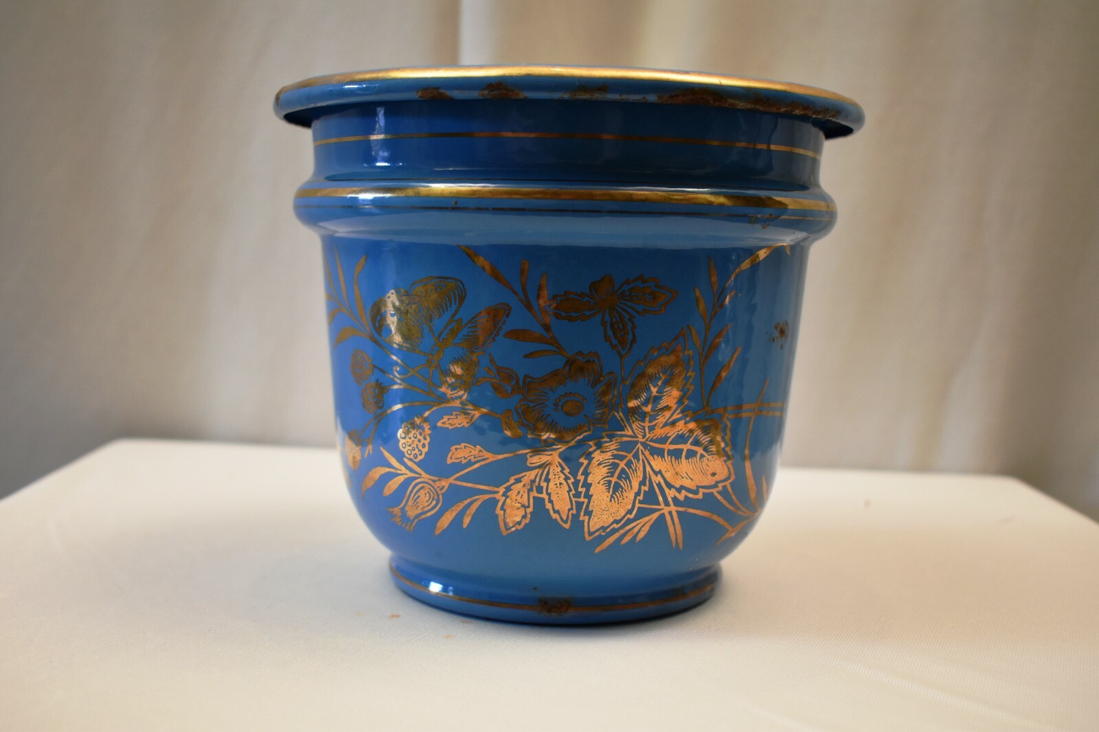 Vintage Czech Enamel Planter Sky Blue Gilt Floral Art Deco Metal Vase Decor “R4