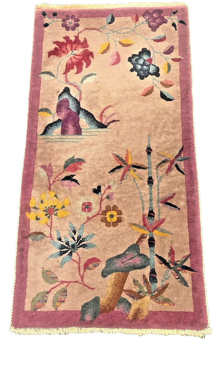 ANTIQUE CHINESE ART DECO RUG HAND KNOTTED 4′ X 2′
