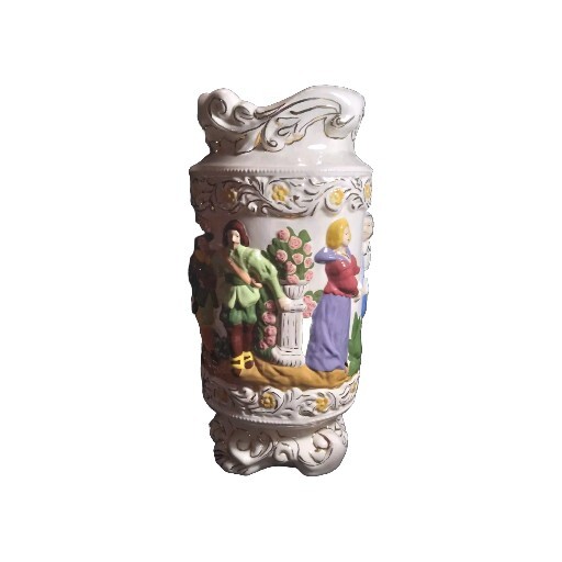 Colonial Theme Ceramic Embossed Handpainted Umbrella Cane Stand Vase 17″x10″ Vtg