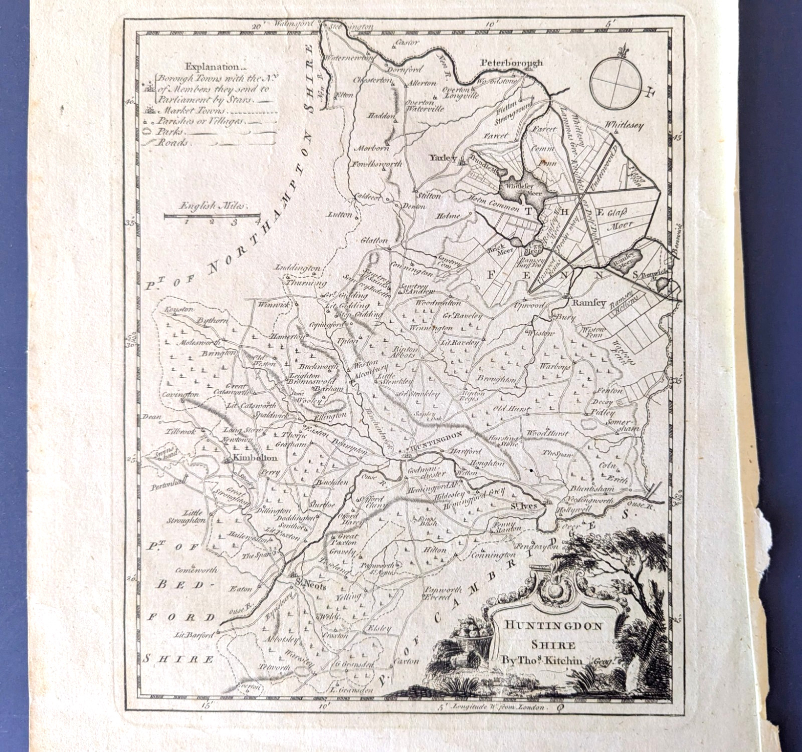 1764 Thomas Kitchin Map Huntingdon Shire Copper-Engraved County Plate