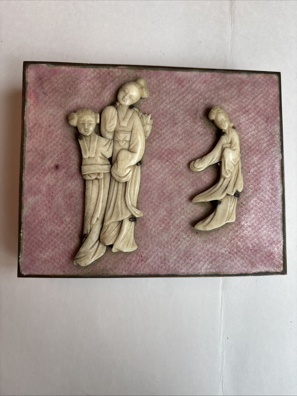 Pink Enamel over Bronze Box with Carved Geishas Inside lined with Wood