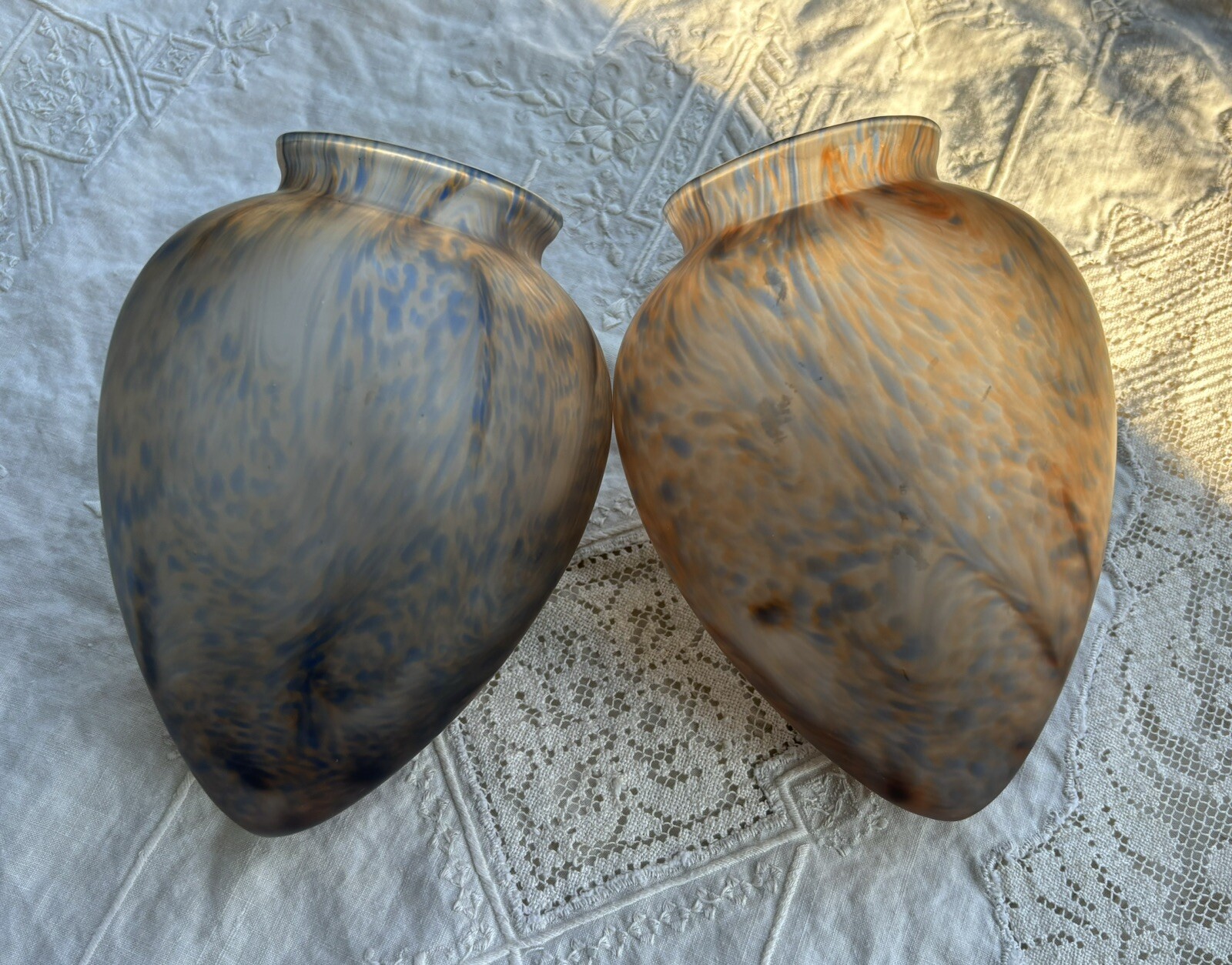 2 Antique Art Deco Pate De Verre Mottled French Satin Globe Shade Pendant Lights