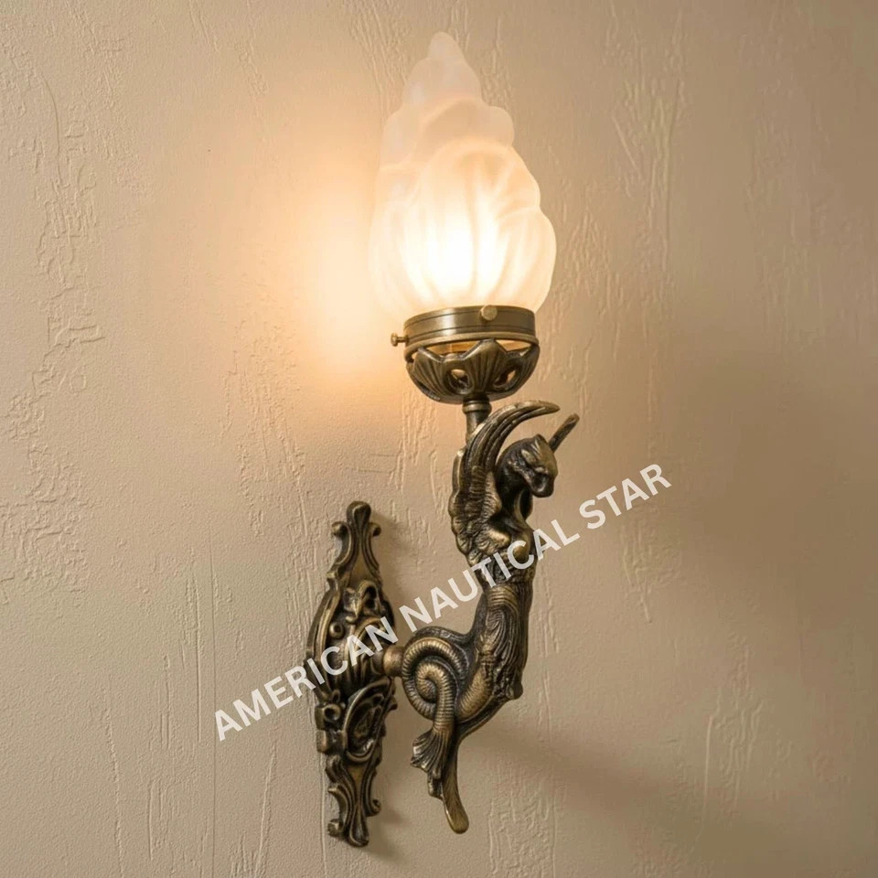 Antique Vintage Art Deco Brass Fire Glass Wall Sconces – Nouveau Lamp Fixture