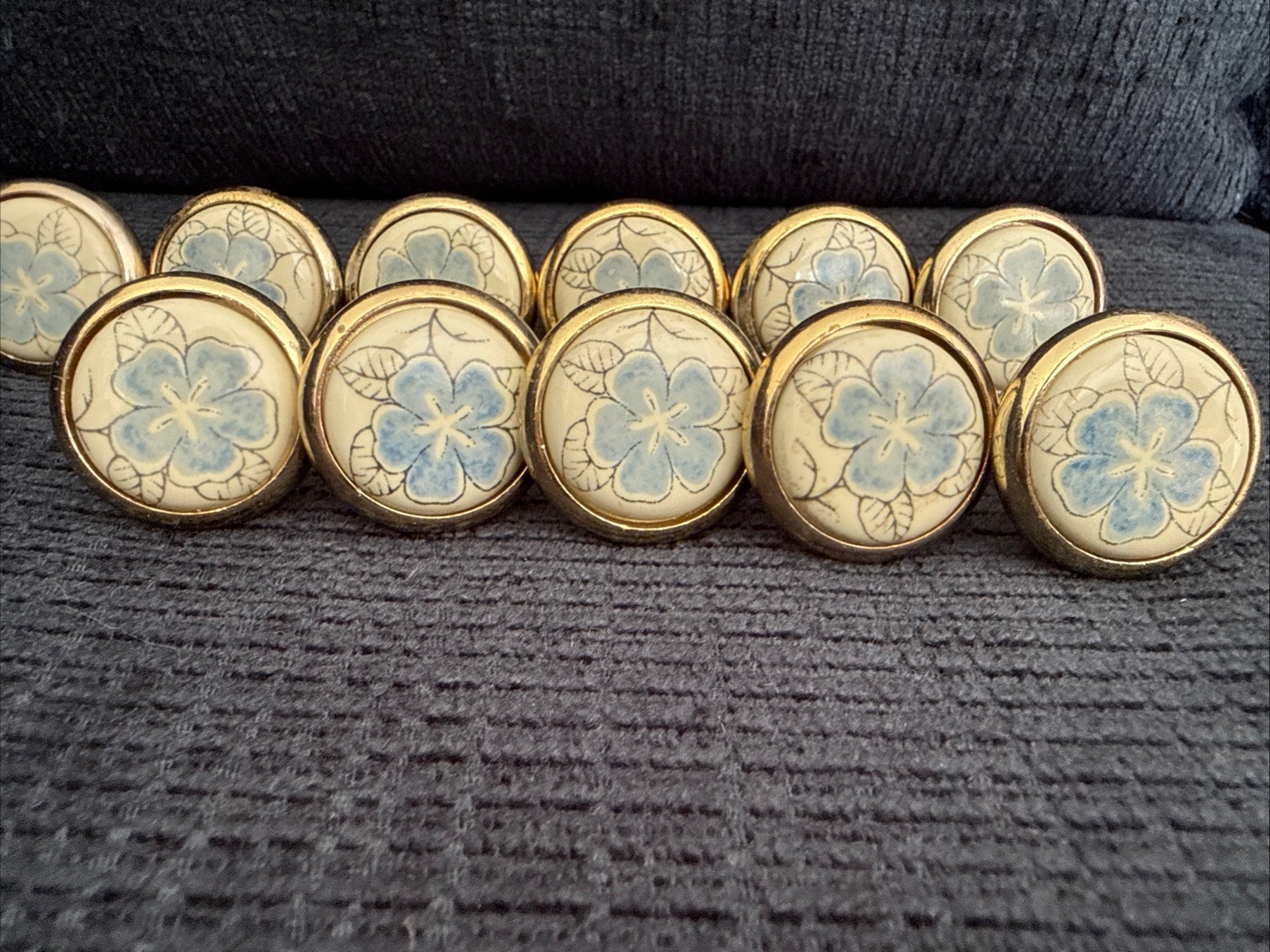 Vintage Brass Drawer Cabinet Pulls Japan Ceramic Blue Floral