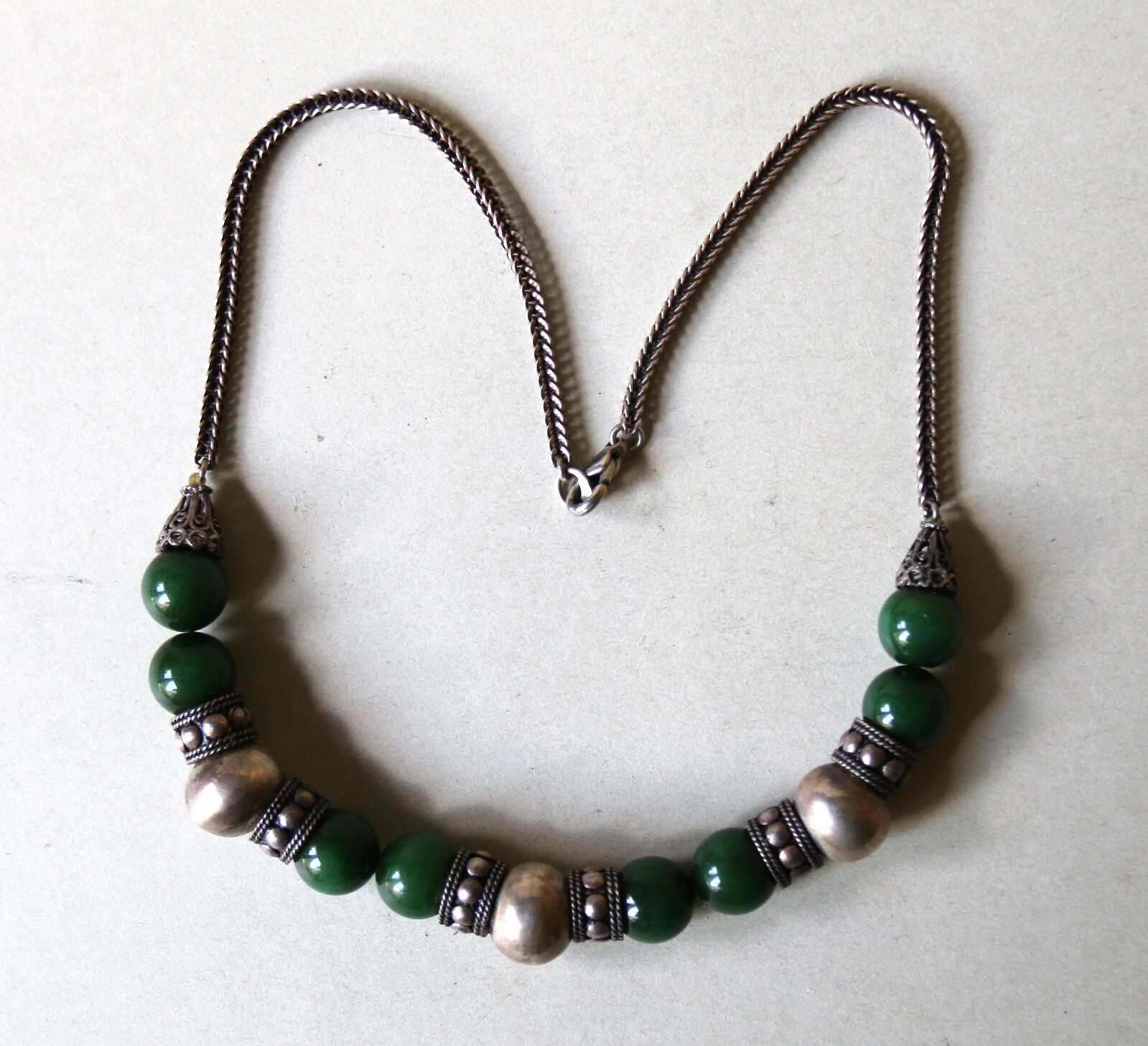 Old Asian Sterling Silver and Green Jade Necklace Hollmark 925 46cm Long