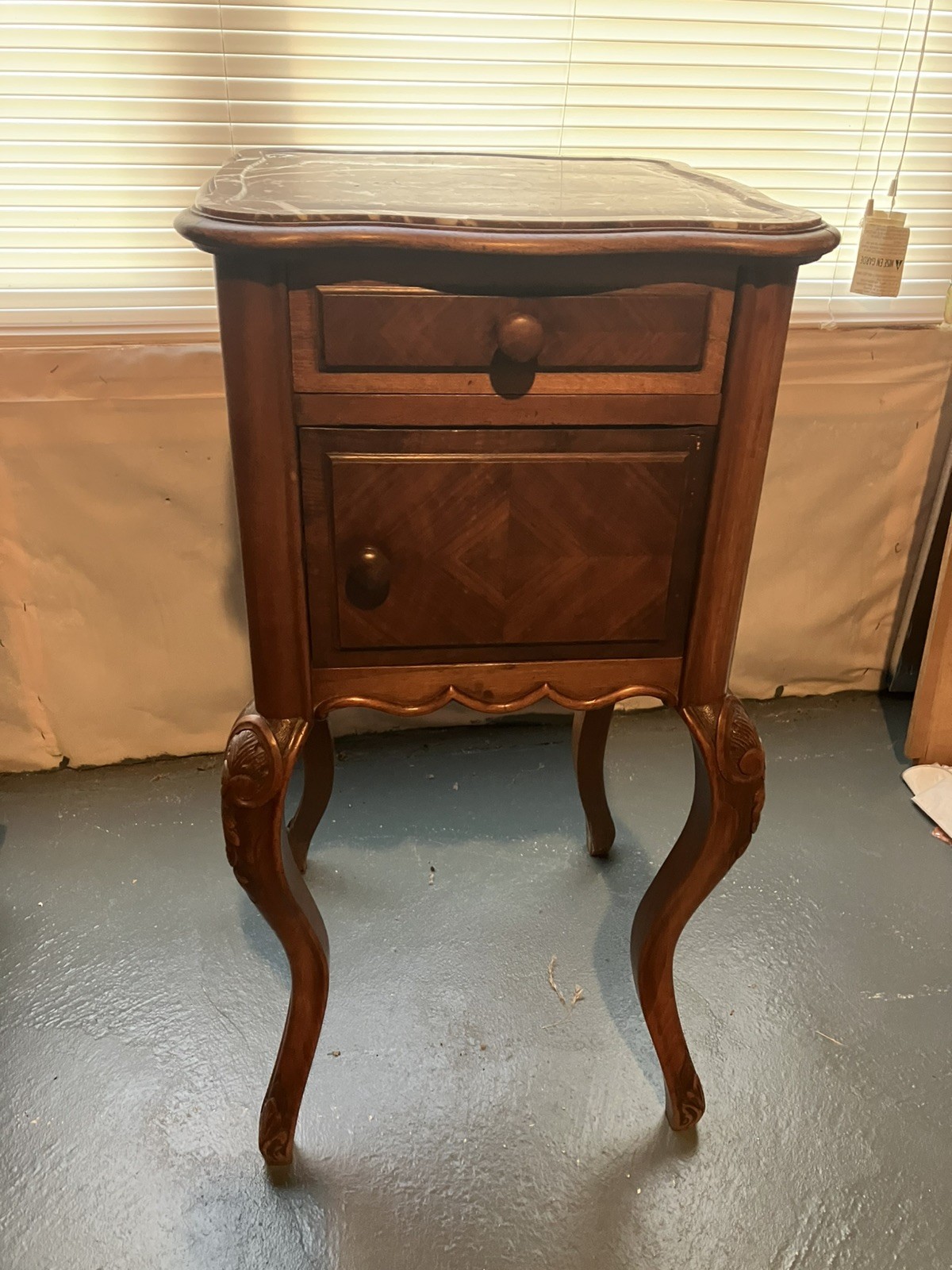 French Antique Walnut Nightstand w/ Marble Top, Drawer & Carved Details