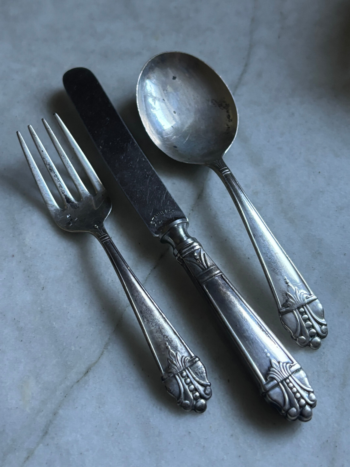 STERLING SILVER BABY SET STERLING SILVER SPOON FORK KNIFE Amcraft c1930s No Mono