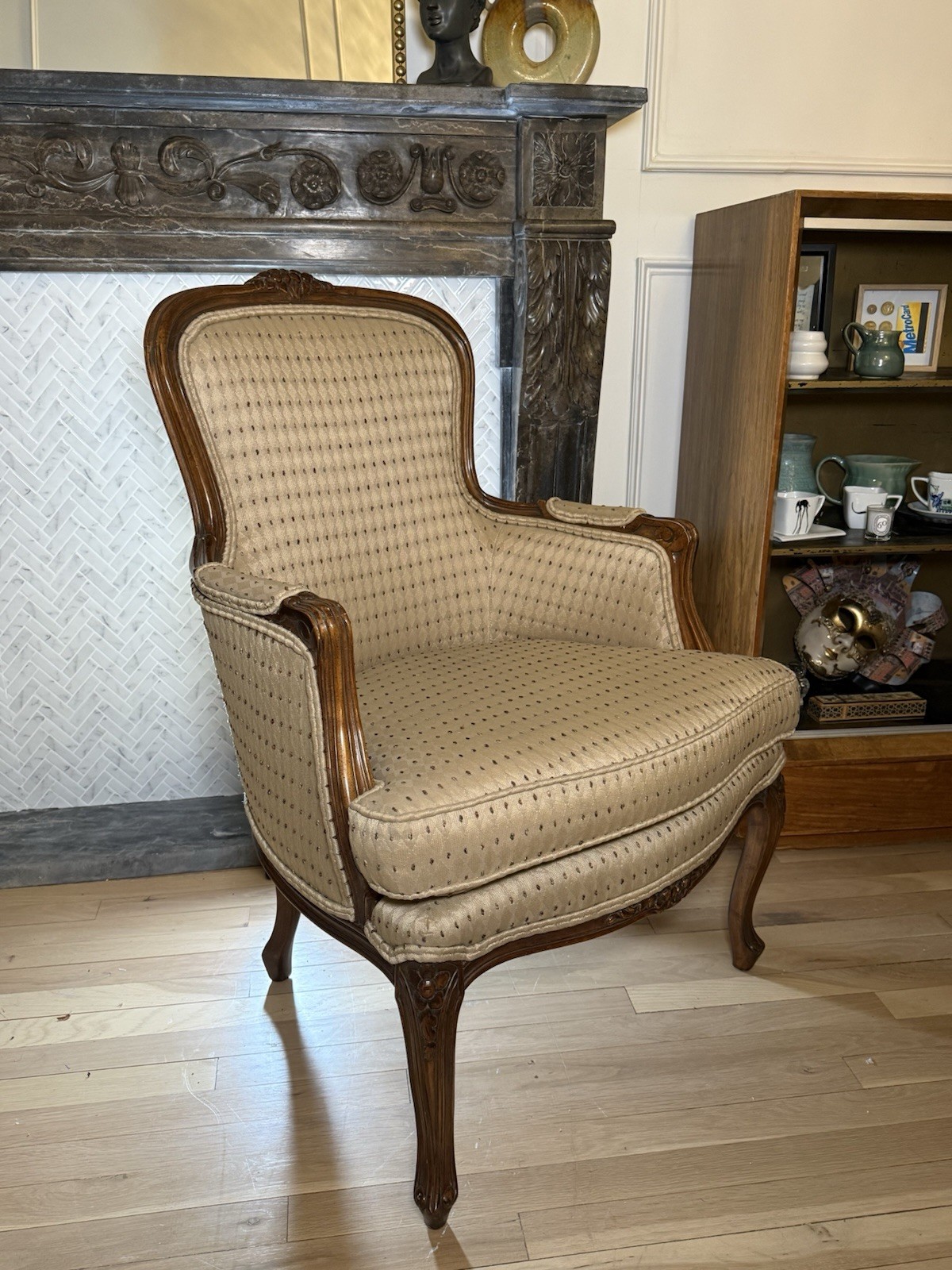 Vintage French Louis XV Style Carved Wood Accent Armchair