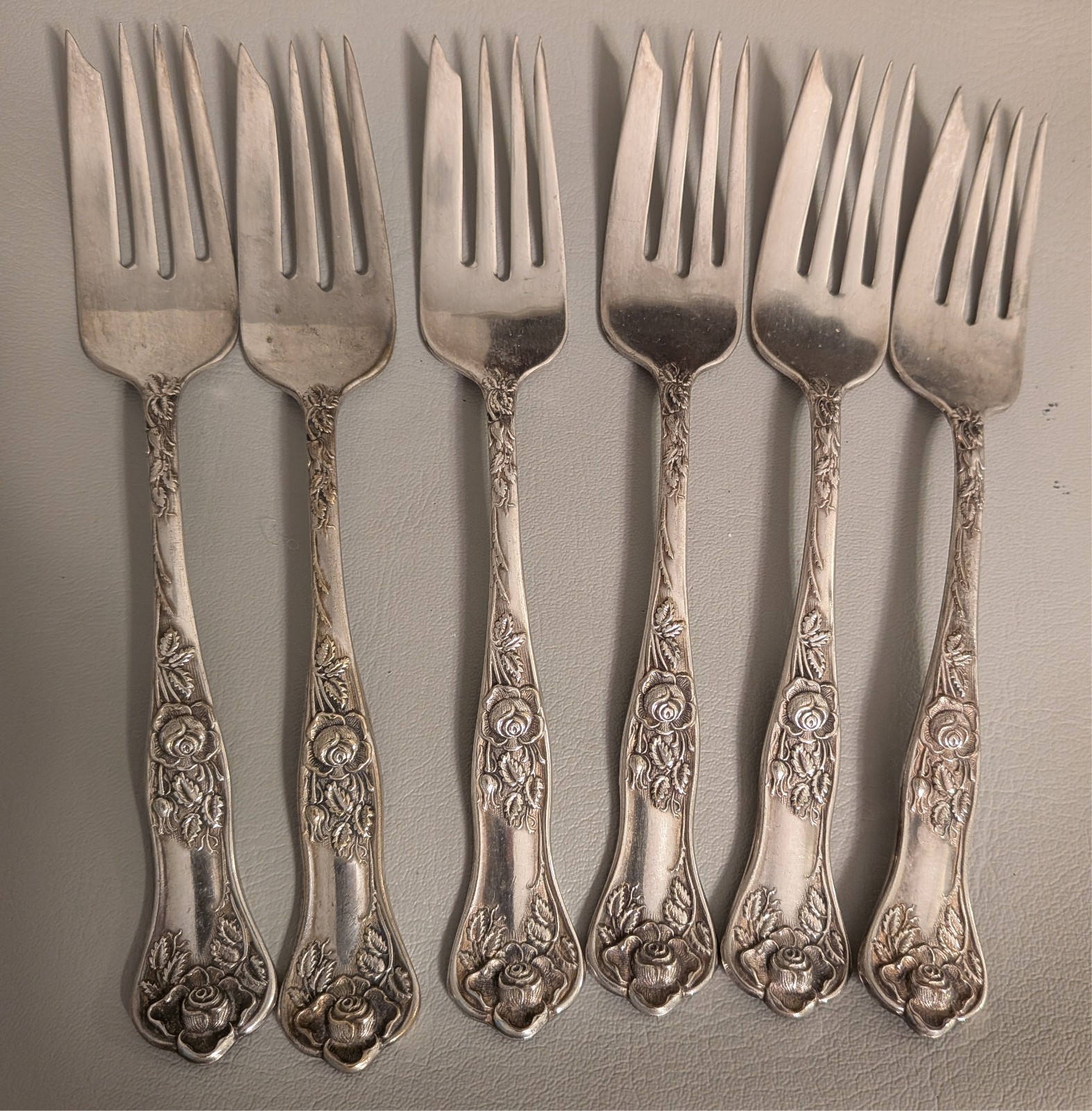 Antique Rosalie Beauty Rose 6 Salad Forks Royal Plate Co Silver Plate