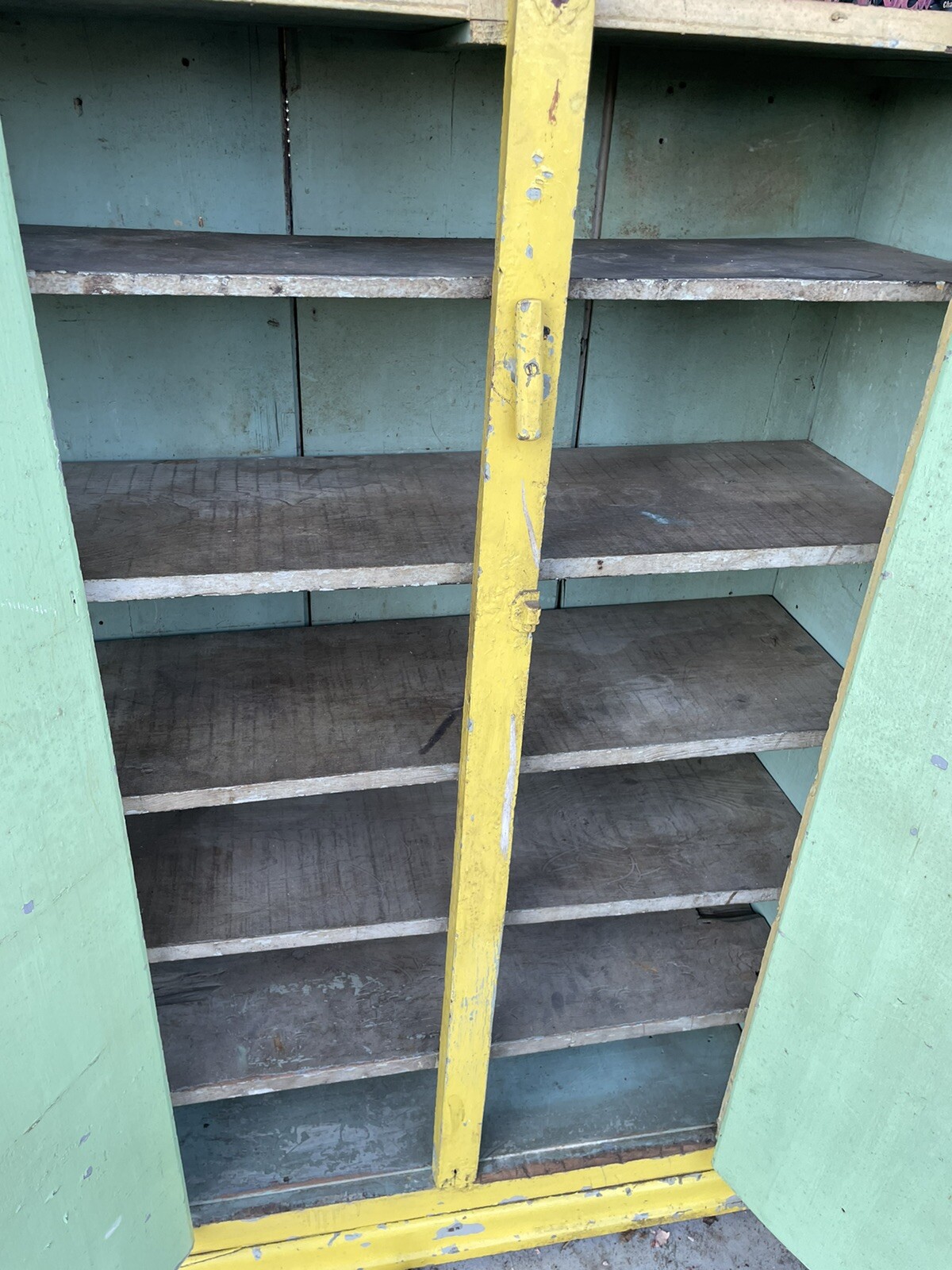 Antique 1800s Jelly Cupboard Cabinet Farmhouse Primitive Teal Yellow Paint 54”
