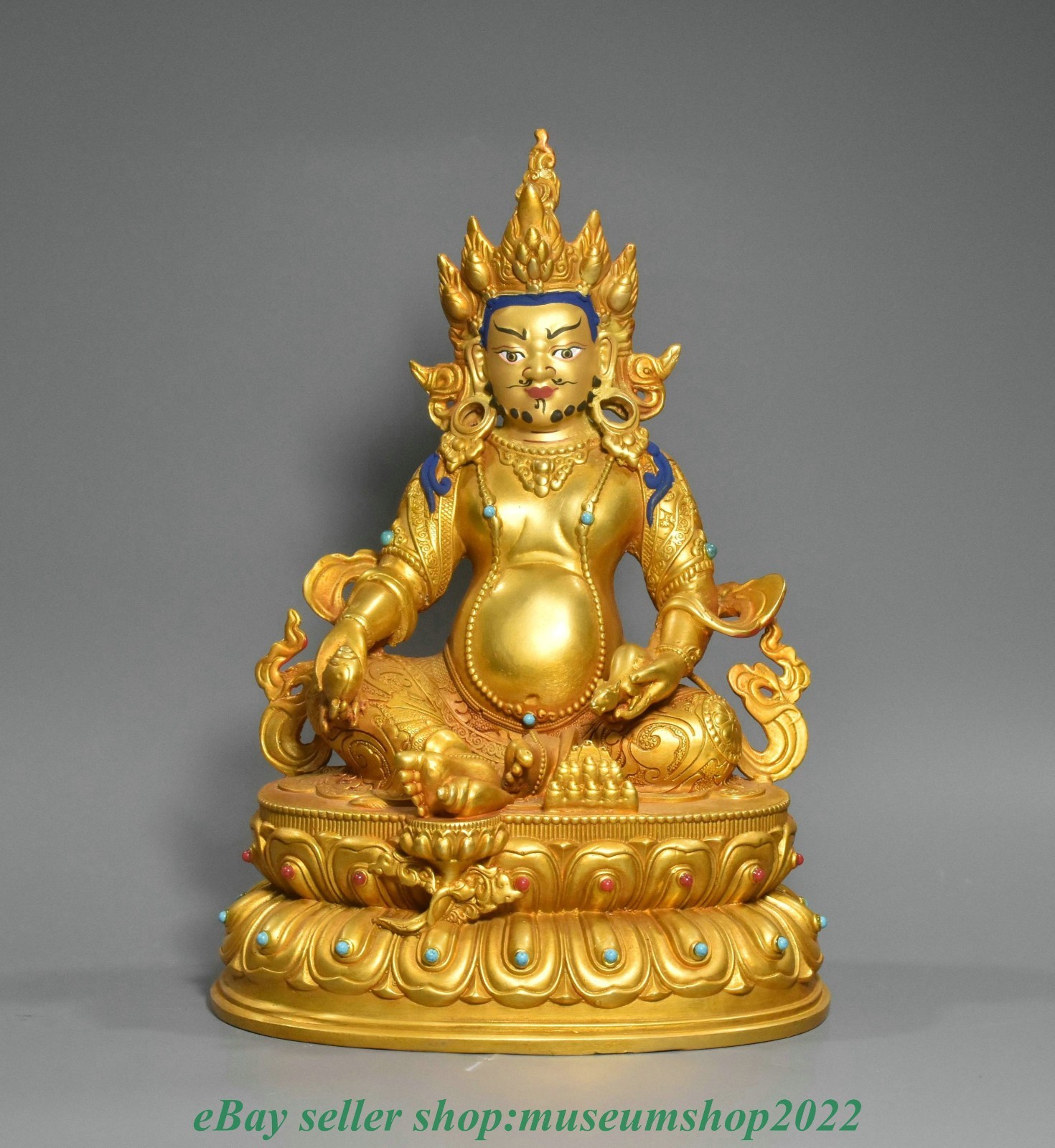 8.8″ Old Chinese Buddhism Copper Gild Yellow Jambhala Wealth God Statue