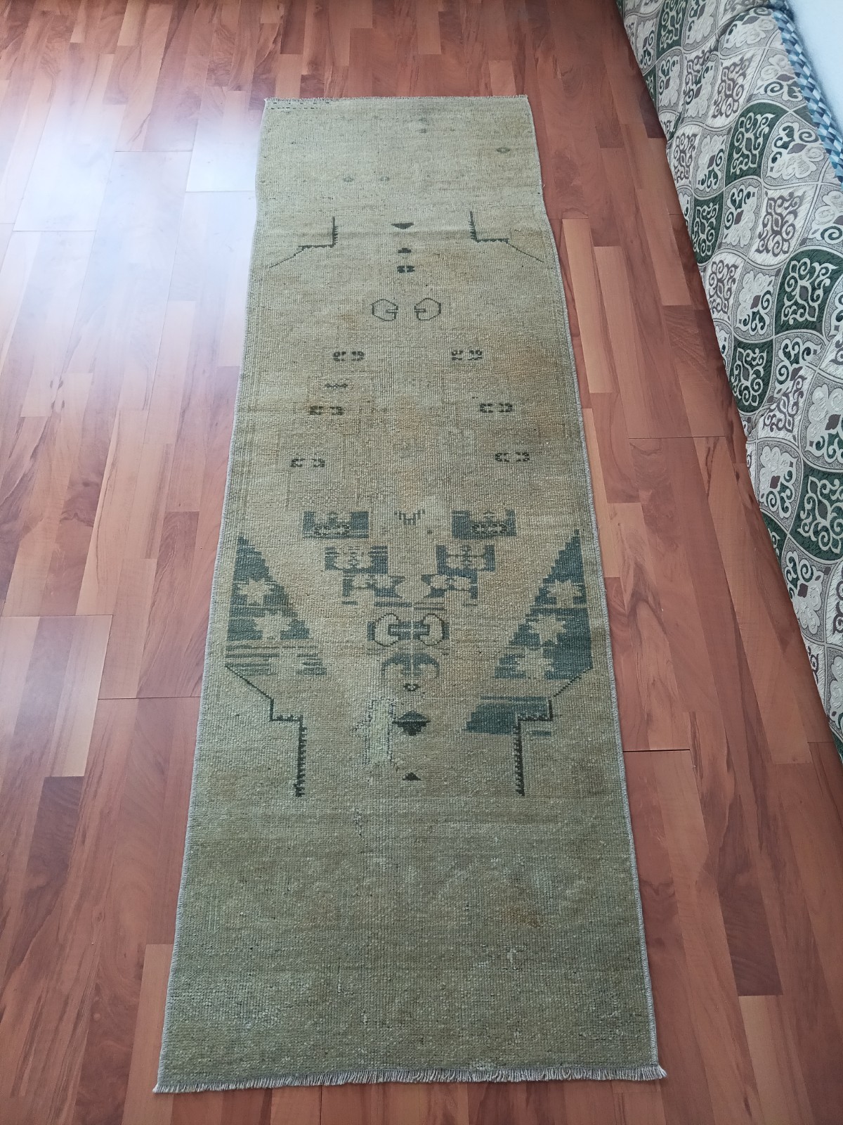 Beige Green Runner Geometric Rug Anatolian Oushak Faded Rug Handmade Rare Rug
