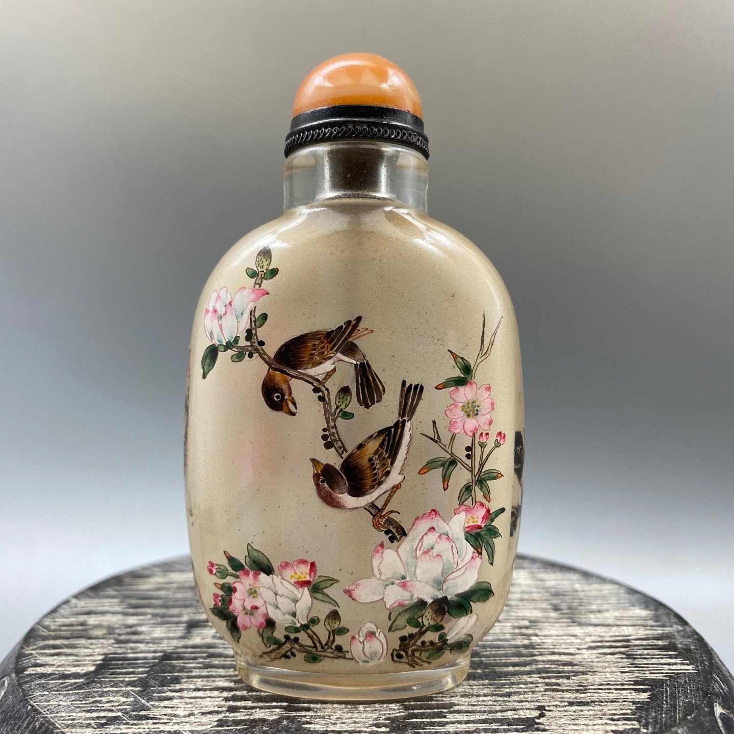 Old Peking Glass Inside Painting Flower Bird Snuff Bottle CC
