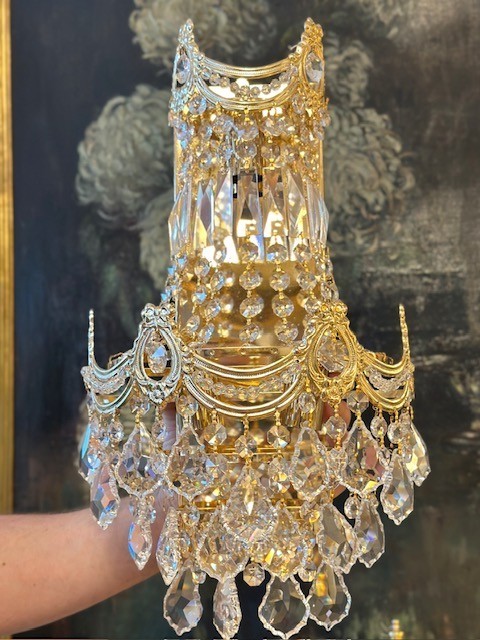 Vintage Crystal Wall Sconce Gold Gilt 3 Light French Style Lamp 45cm