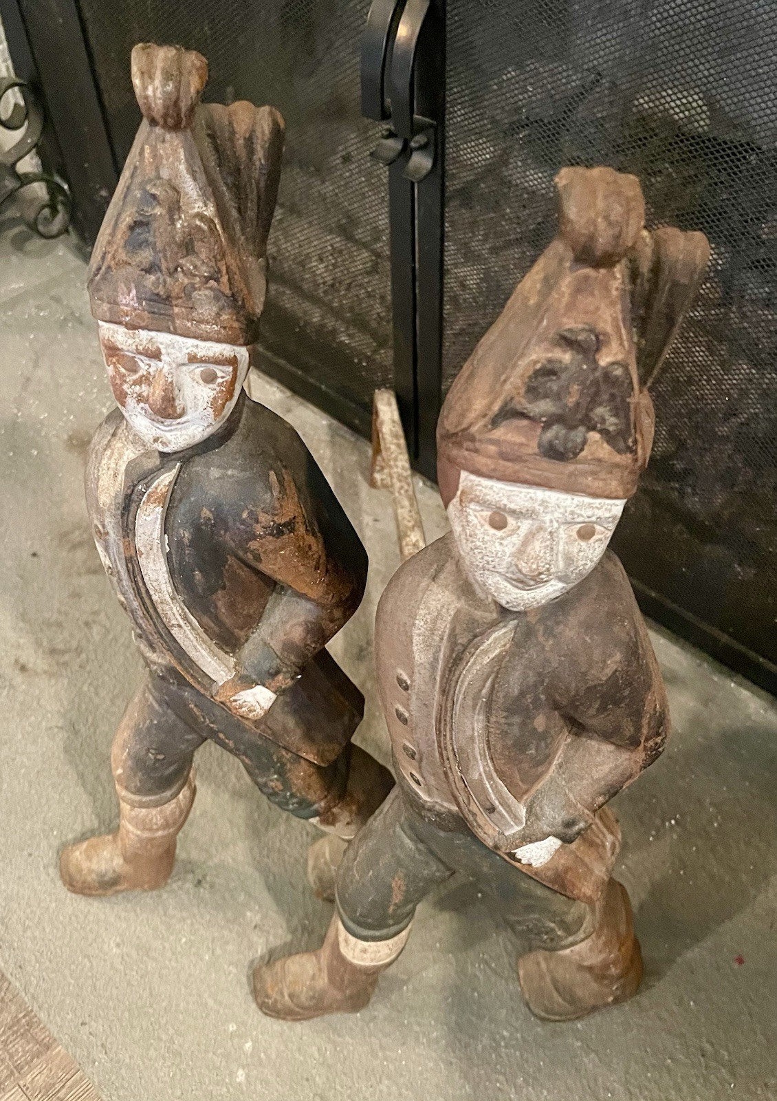 Hessian-Mid 19th C. Hessian Soldiers Cast Iron Original Hand Painted Andirons