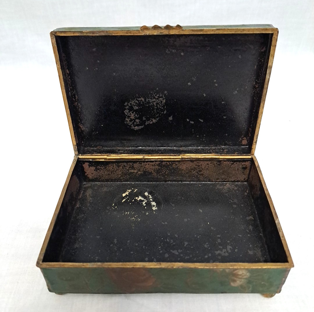 Antique Chinese Handmade Hand Painted Tin Jewelry Trinket Box Floral Design