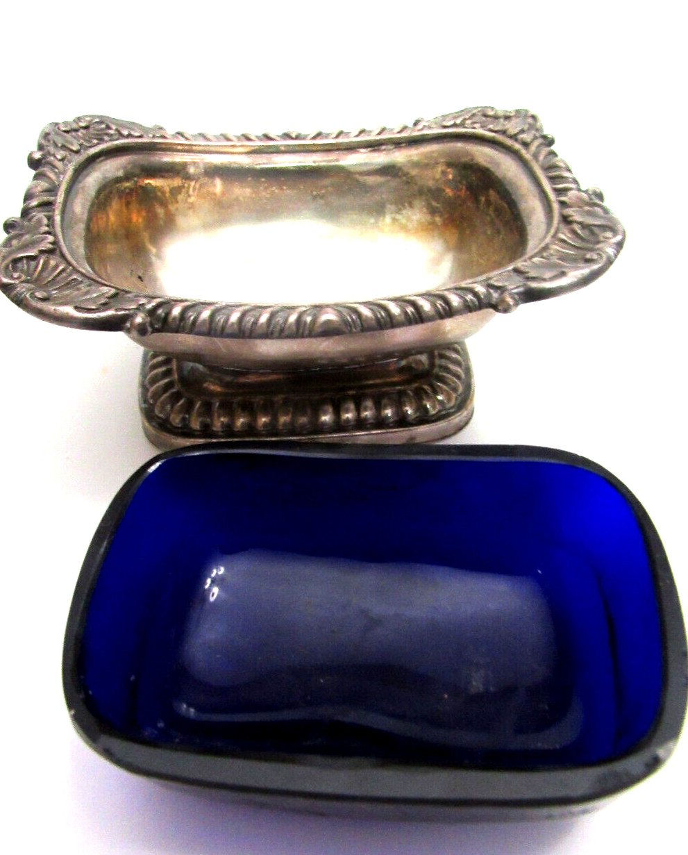Antique Silver Plated Salt Cellar Dish Bowl Cobalt Glass Insert 4′ x 2′ x 3″