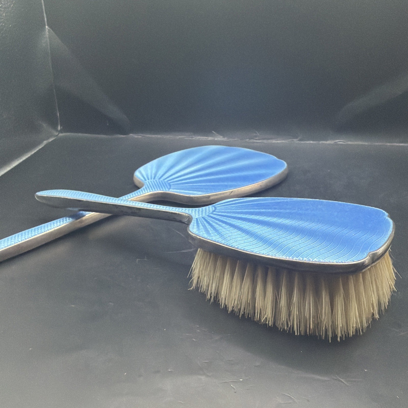 c.1900’s Sterling Silver Blue Guilloche Enamel Vanity Set Mirror Hair Brush 3pc