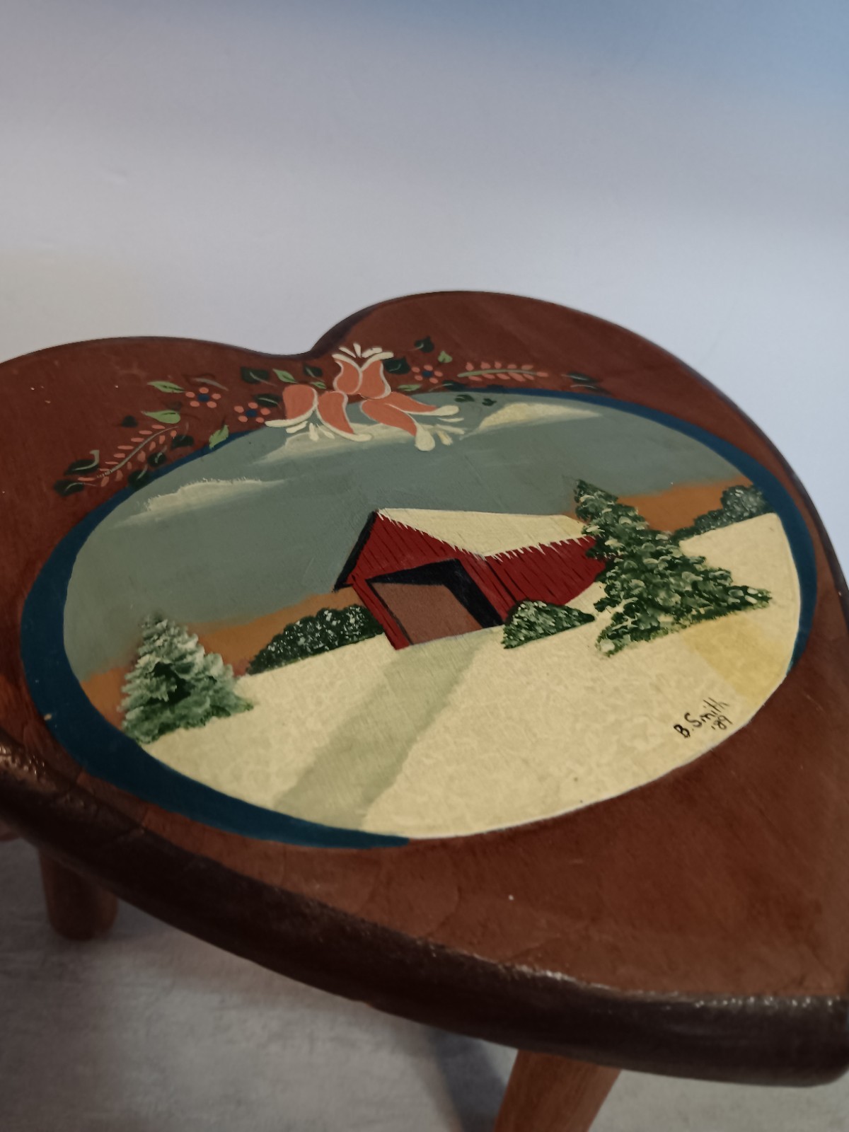 Handmade VTG Mini Stool Hand Painted Folk Art Cottagecore Covered Bridge 1989