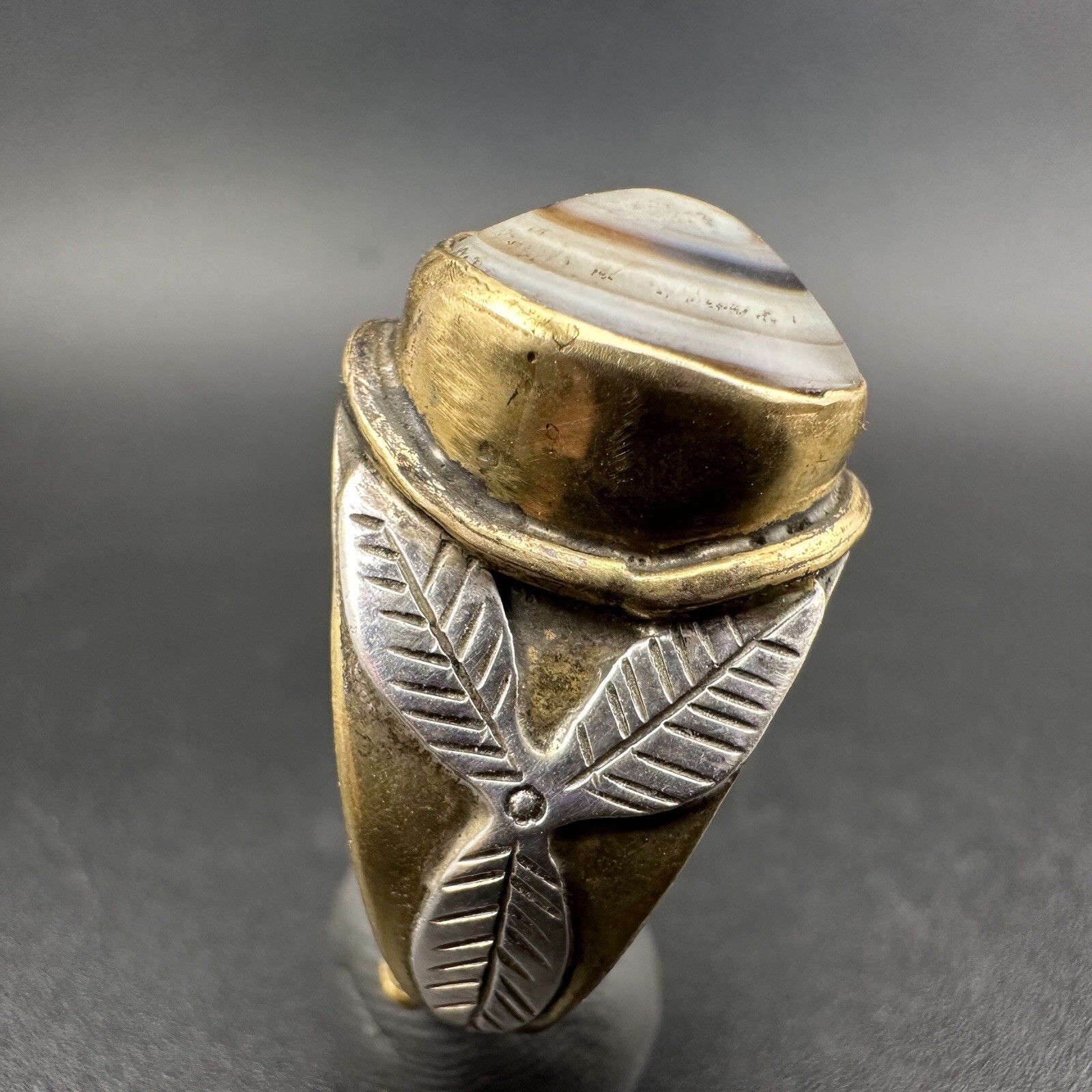 Beautiful Old Silver & Gold Plated Adjustable Ring With Eyes Agate Stone