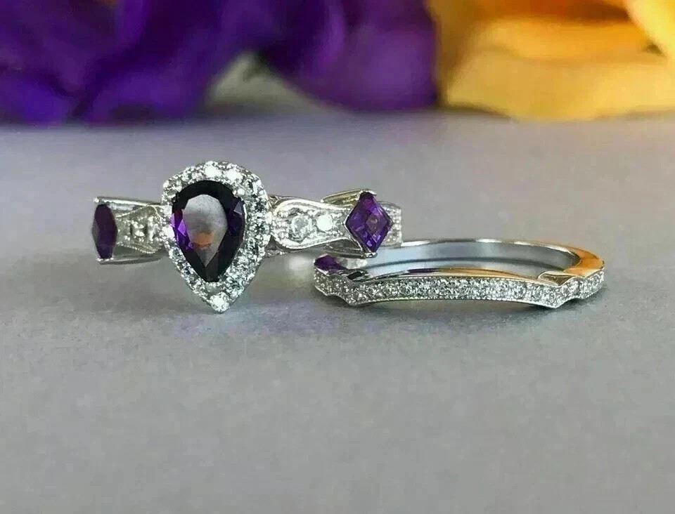 Halo Bridal Ring Set 3Ct Pear Cut Lab Created Amethyst In 14K White Gold Plated