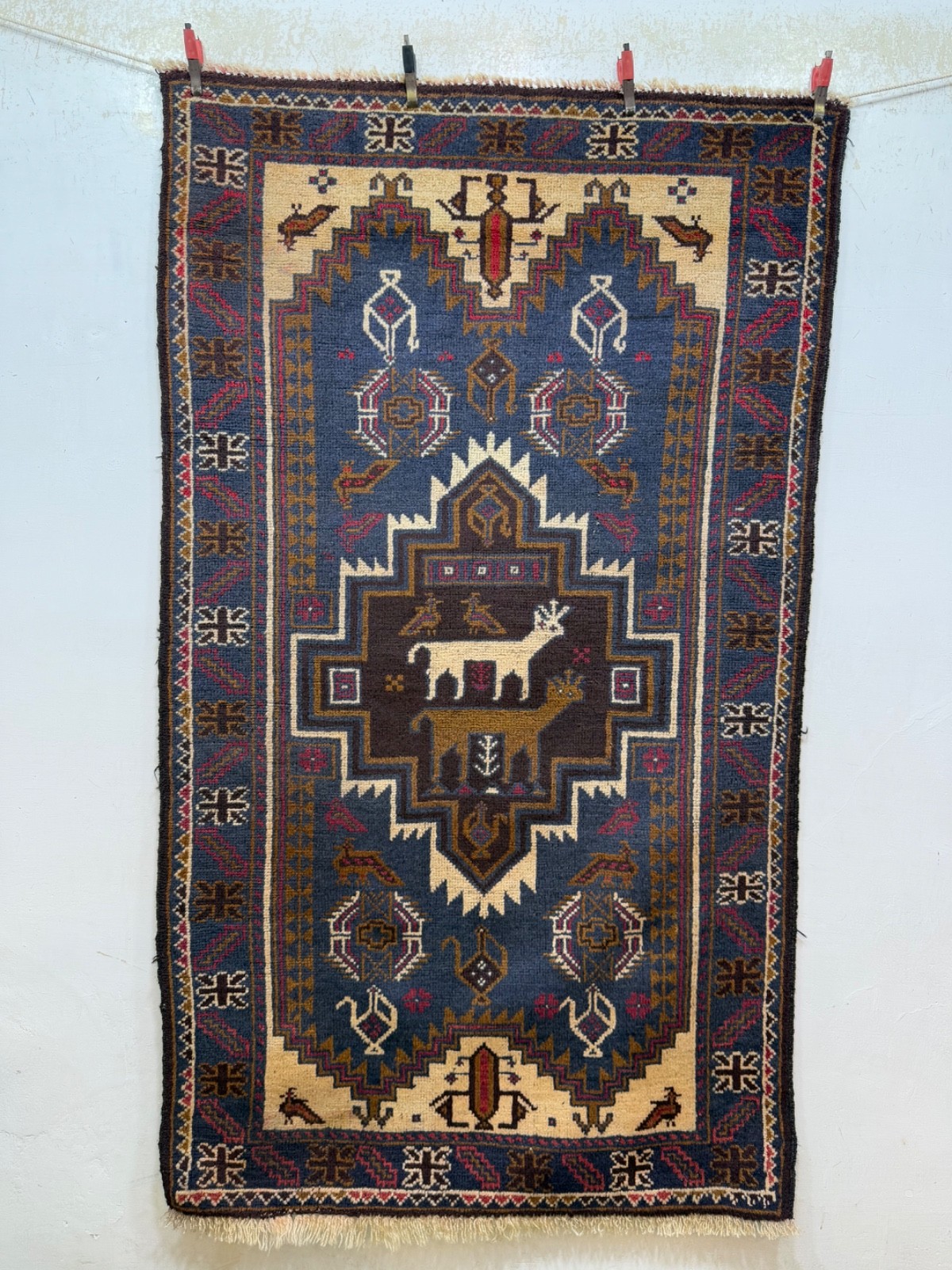 Vintage Fabulous Hand Knotted Afghan Pictorial Wool Rug Wall Hanging 148×86 Cm