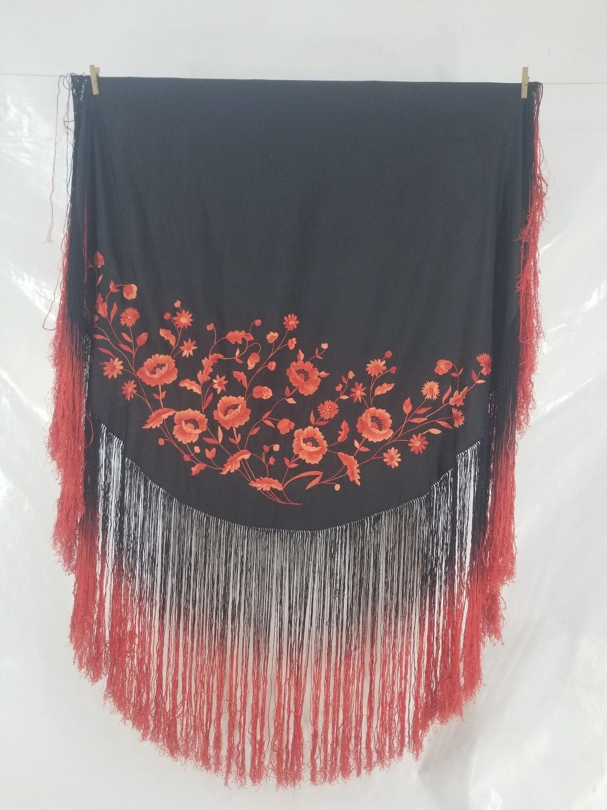 Antique Chinese Silk Hand Embroidered Floral Piano Shawl 45×44 inches