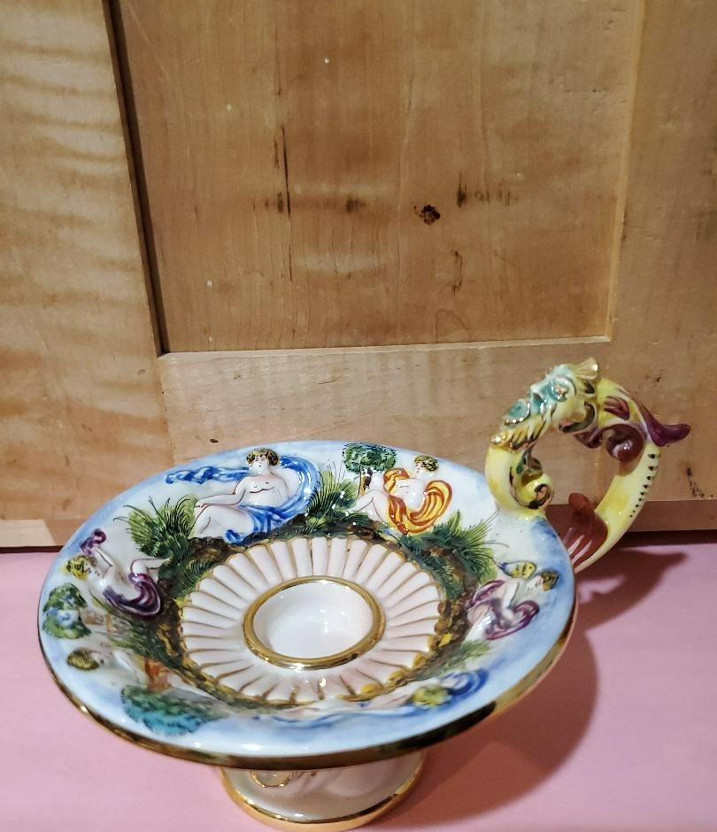 Capodimonte Handled Candle Holder CeramicVtg Cherubs-blue gold trim sign. Italy