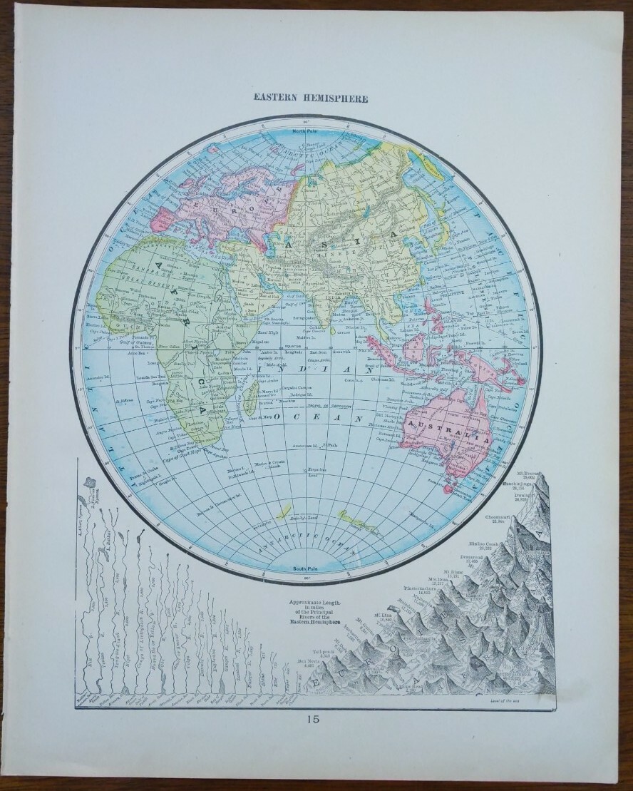 Vintage 1900 EASTERN HEMISPHERE Map 11″x14″ Old Antique Original ASIA AUSTRALIA